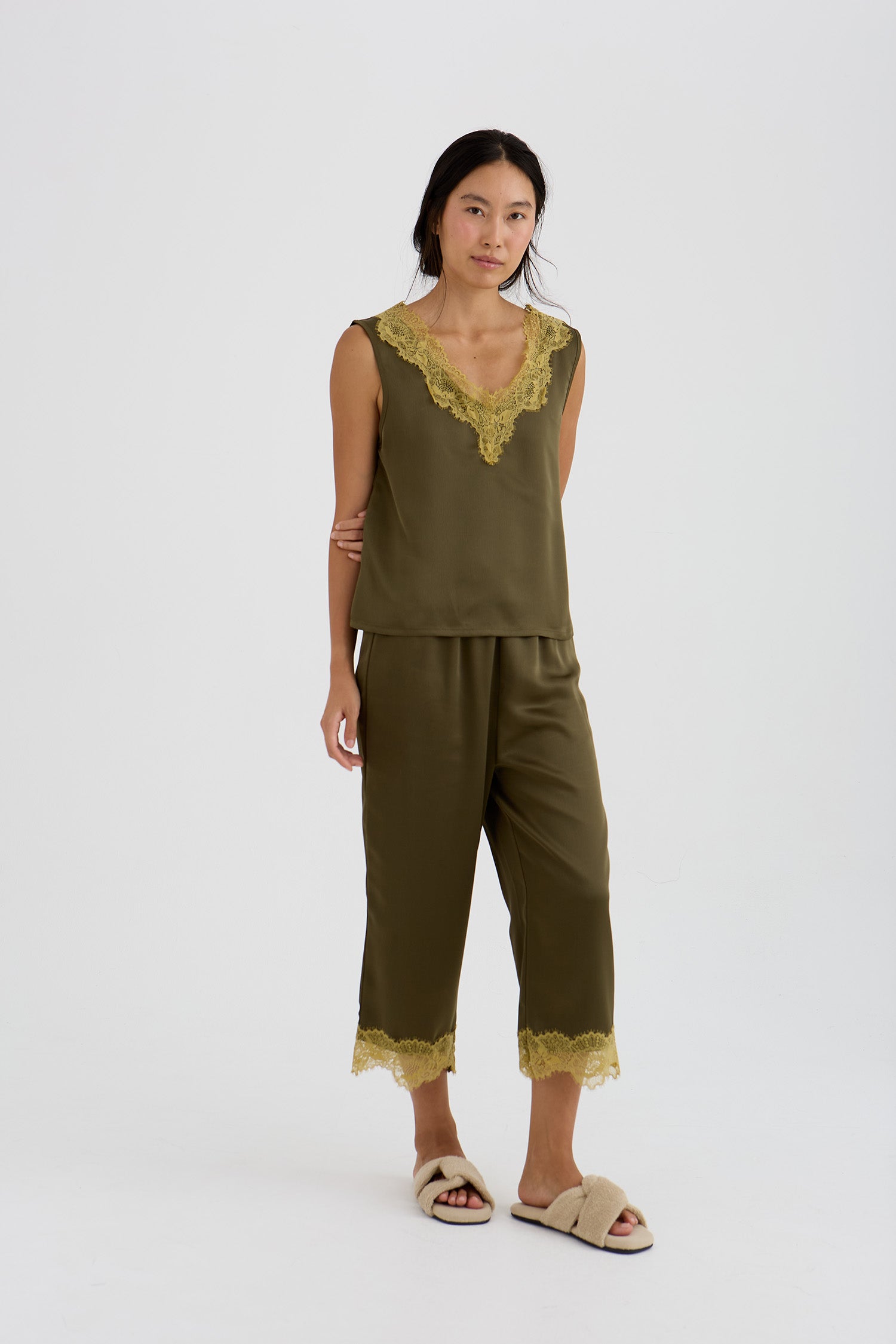 Eco Satin Lace Vest In Olive