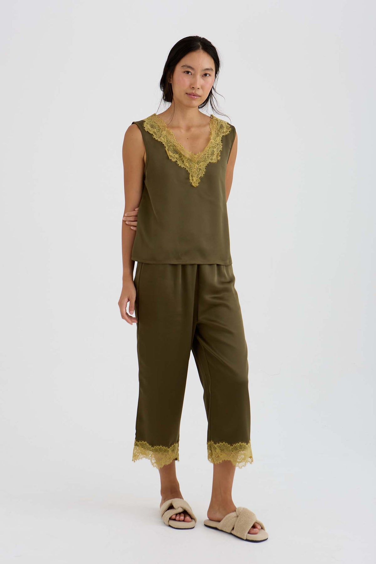 Eco Satin Lace Vest In Olive
