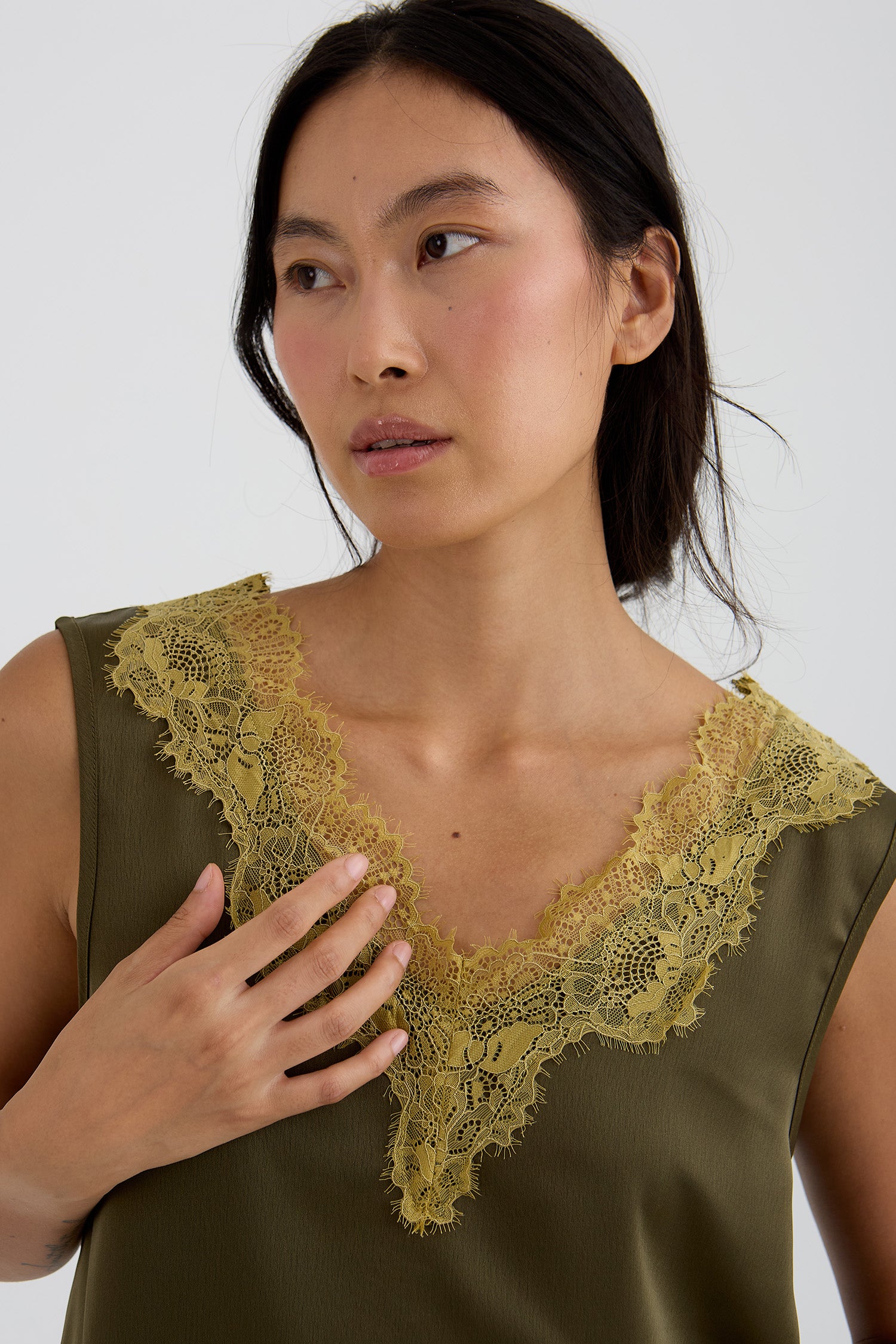 Eco Satin Lace Vest In Olive