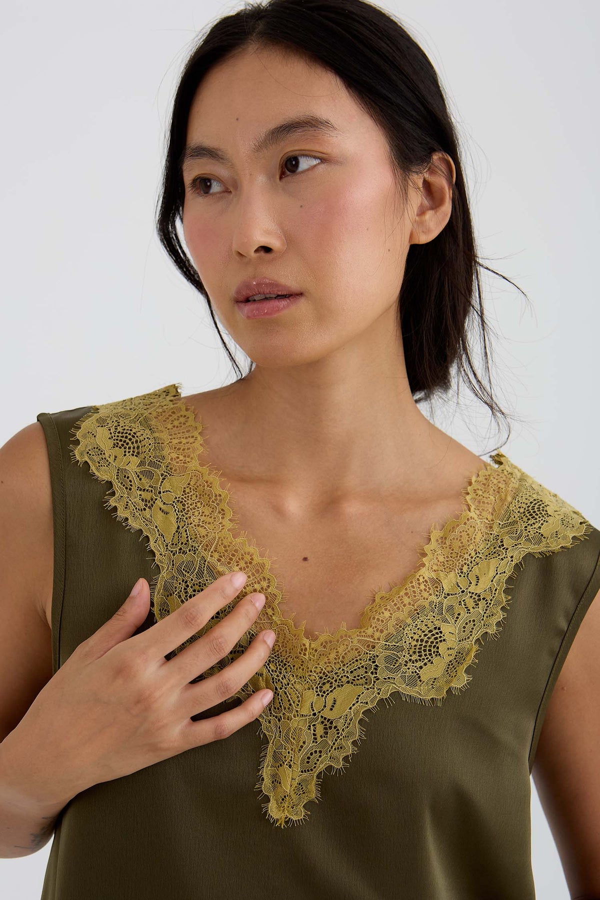 Eco Satin Lace Vest In Olive
