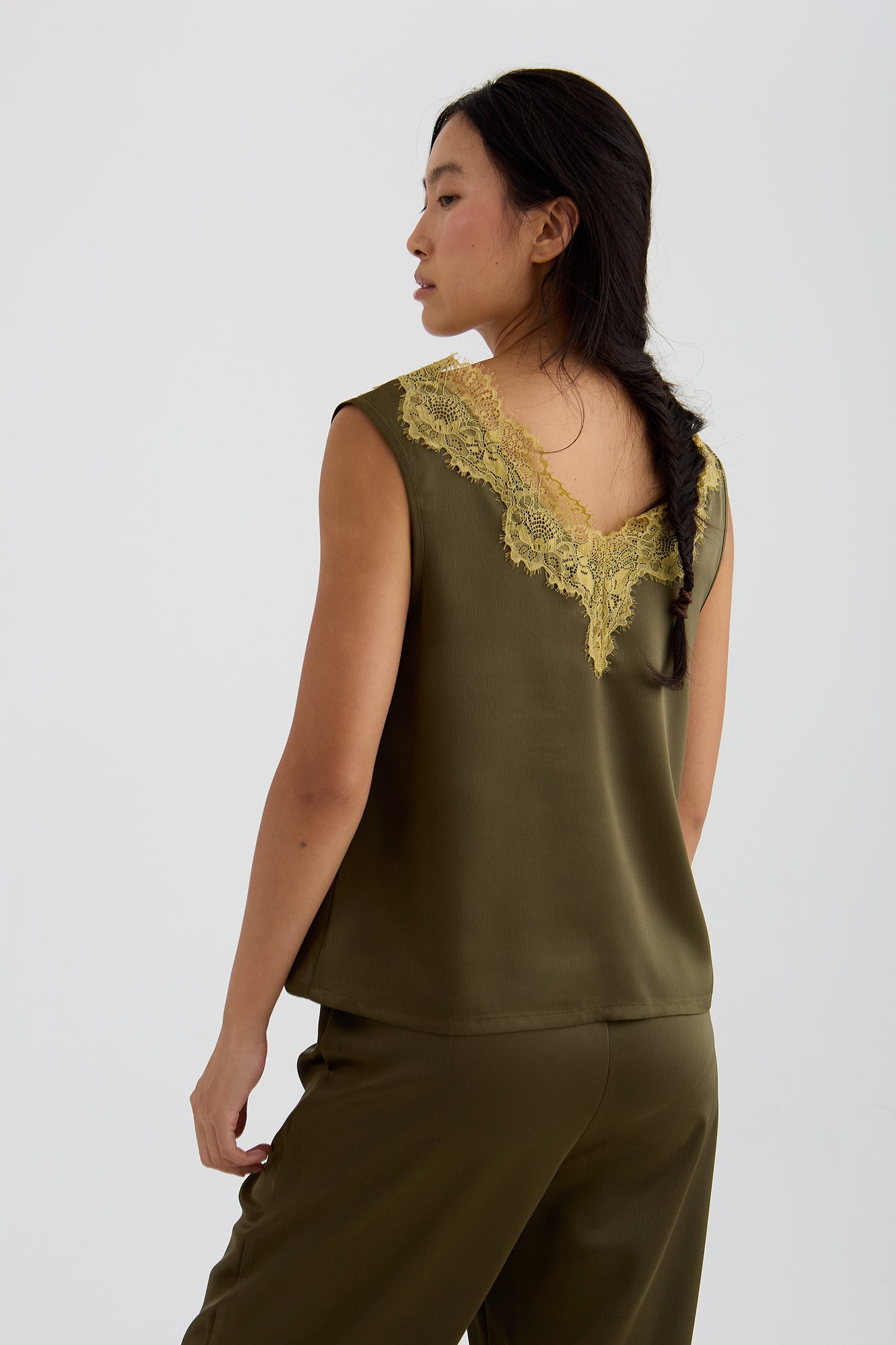 Eco Satin Lace Vest In Olive