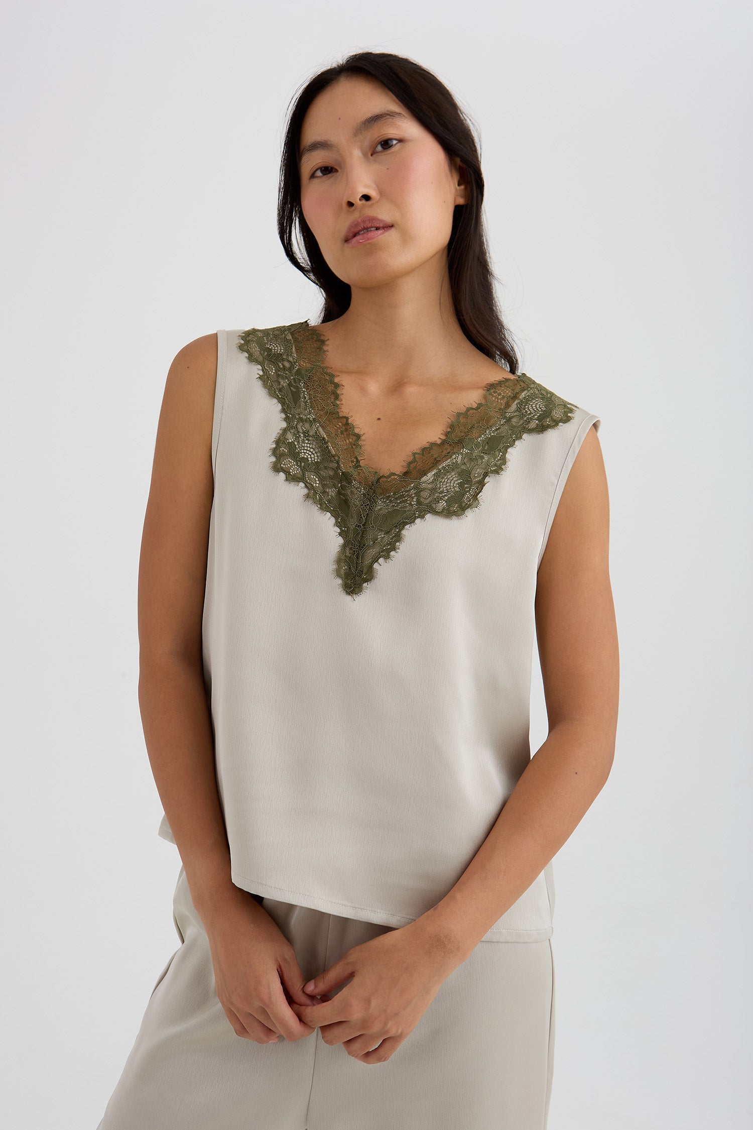Eco Satin Lace Vest In Pelican