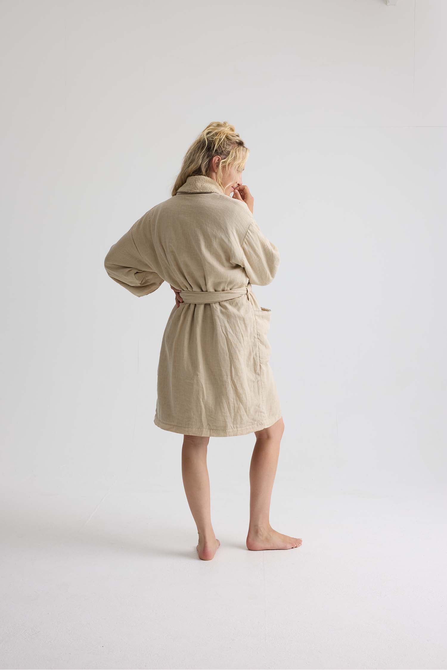 Short Terry Lined Linen Robe In Summer Sand