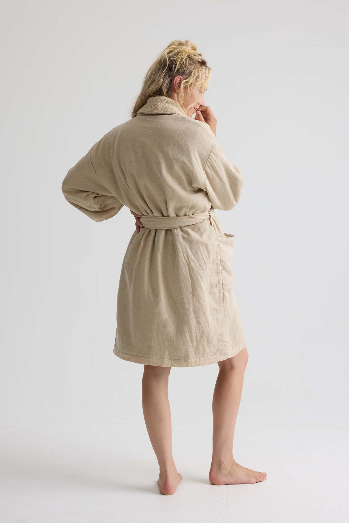 Short Terry Lined Linen Robe In Summer Sand