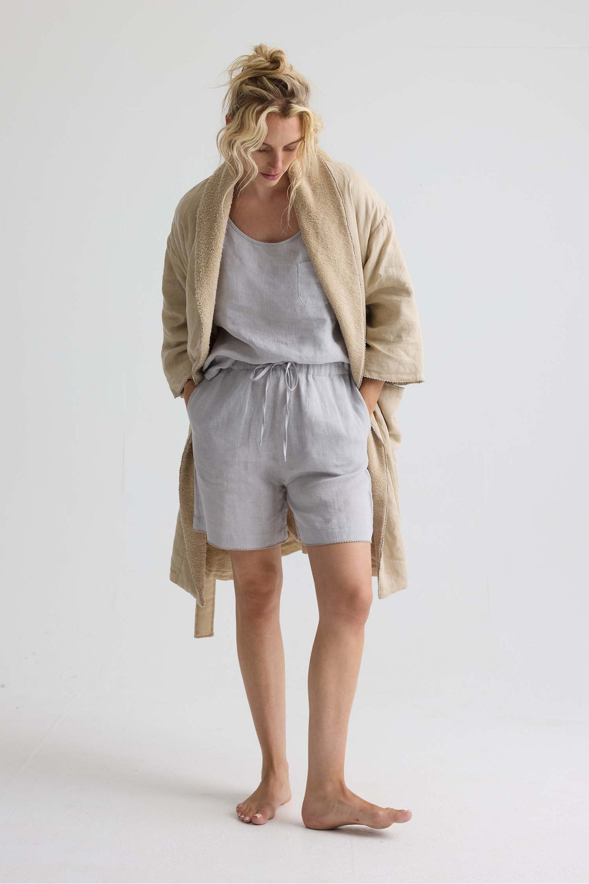 Short Terry Lined Linen Robe In Summer Sand