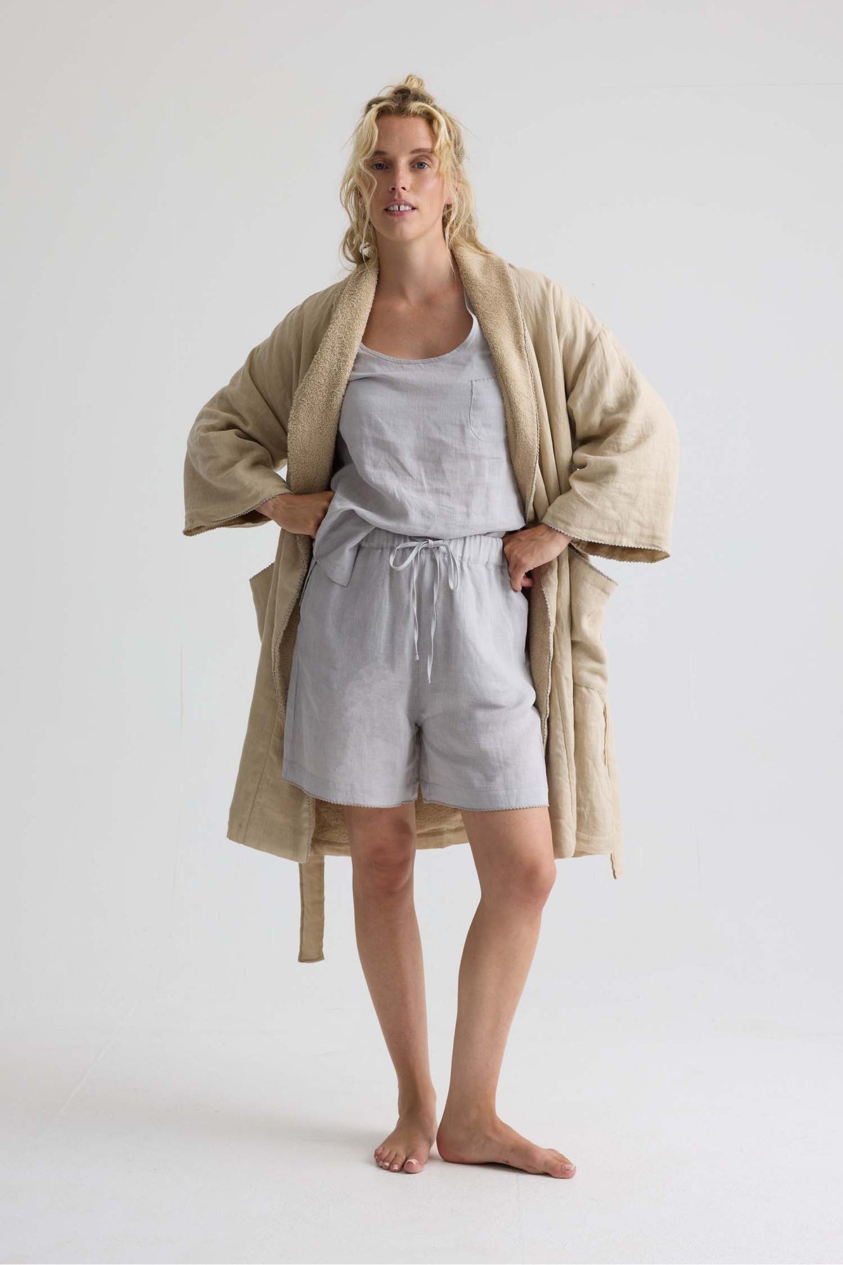Short Terry Lined Linen Robe In Summer Sand