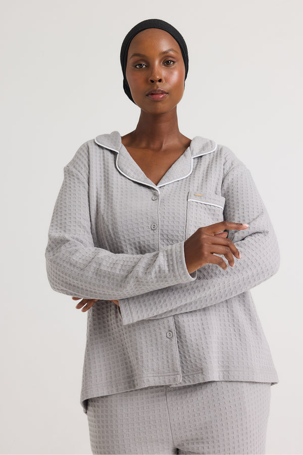 Luxury Suite Waffle PJ Set in Grey Luxury Cotton Blend Pyjamas