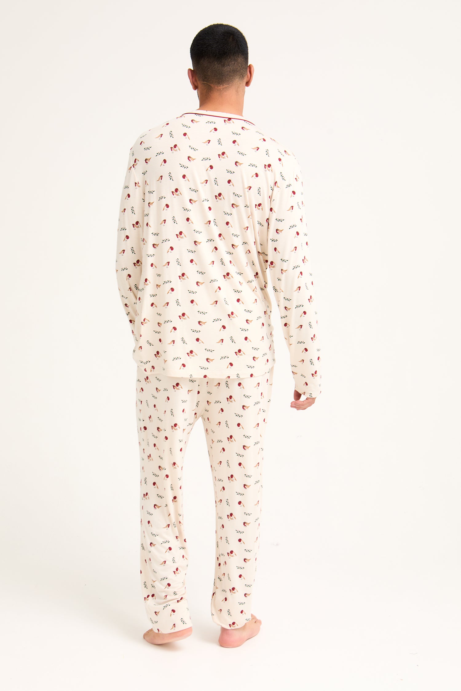 His and Hers Bamboo Festive Pyjama Set in Robin Print