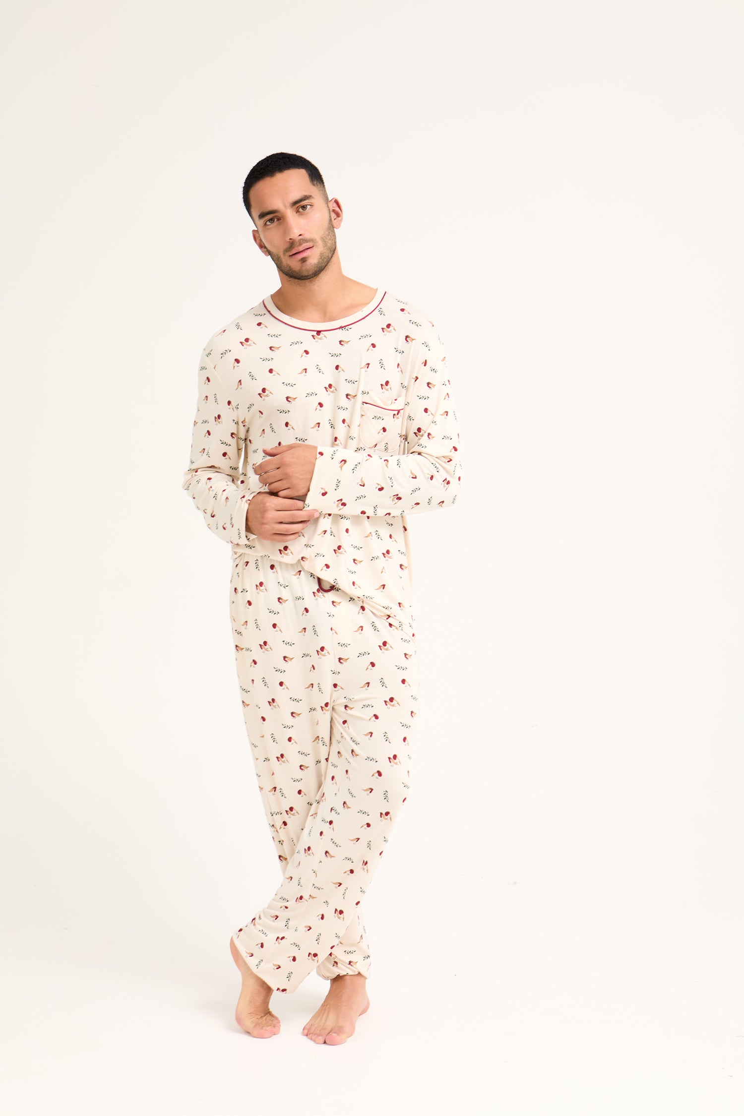 Mister You Bamboo Festive Pyjama Set in Robin Print
