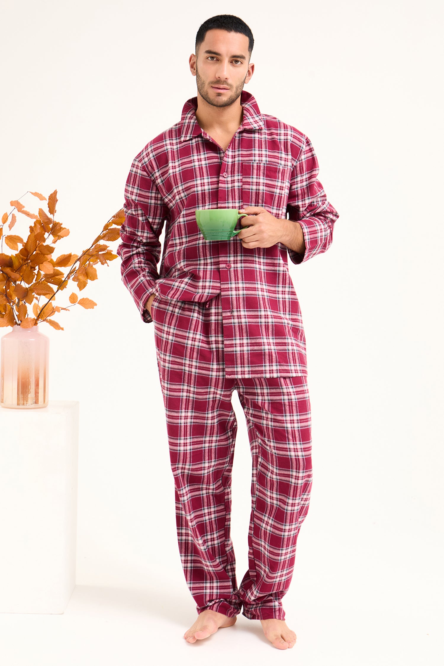 His and Hers Plaid Pyjama Sets in Bordeaux