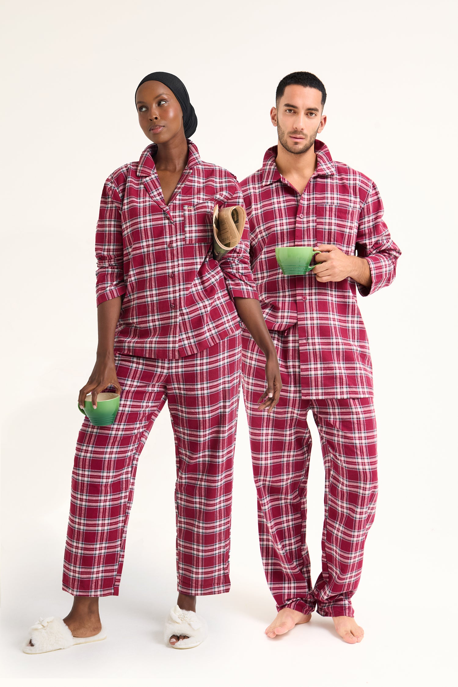 His and Hers Plaid Pyjama Sets in Bordeaux