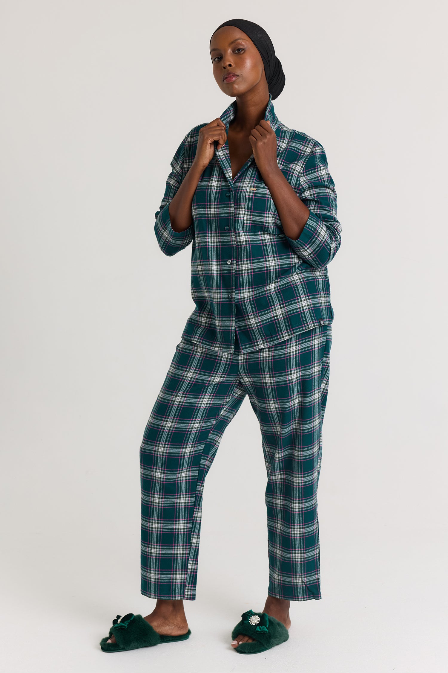 Plaid Long Pyjama Set in Green