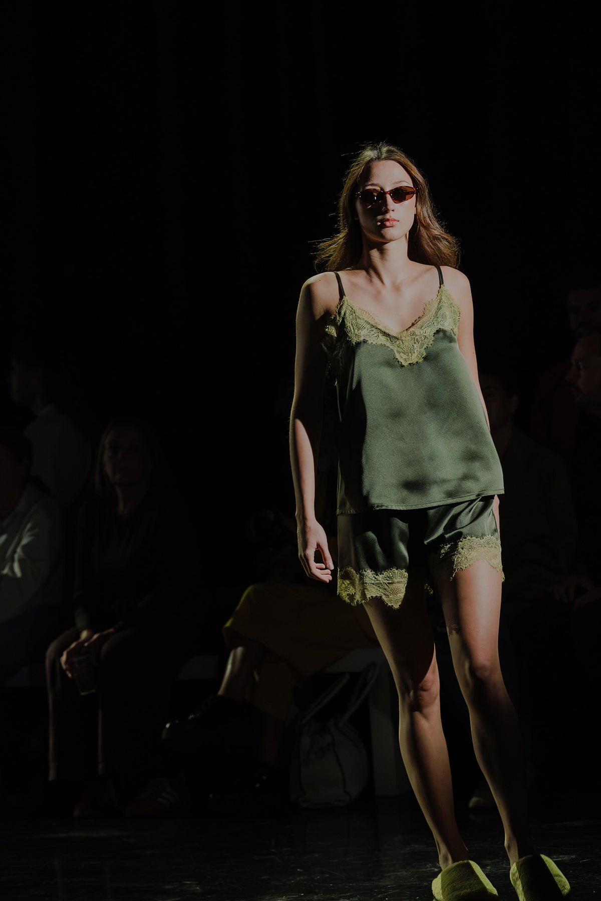 Eco Satin Lace Shorts In Olive