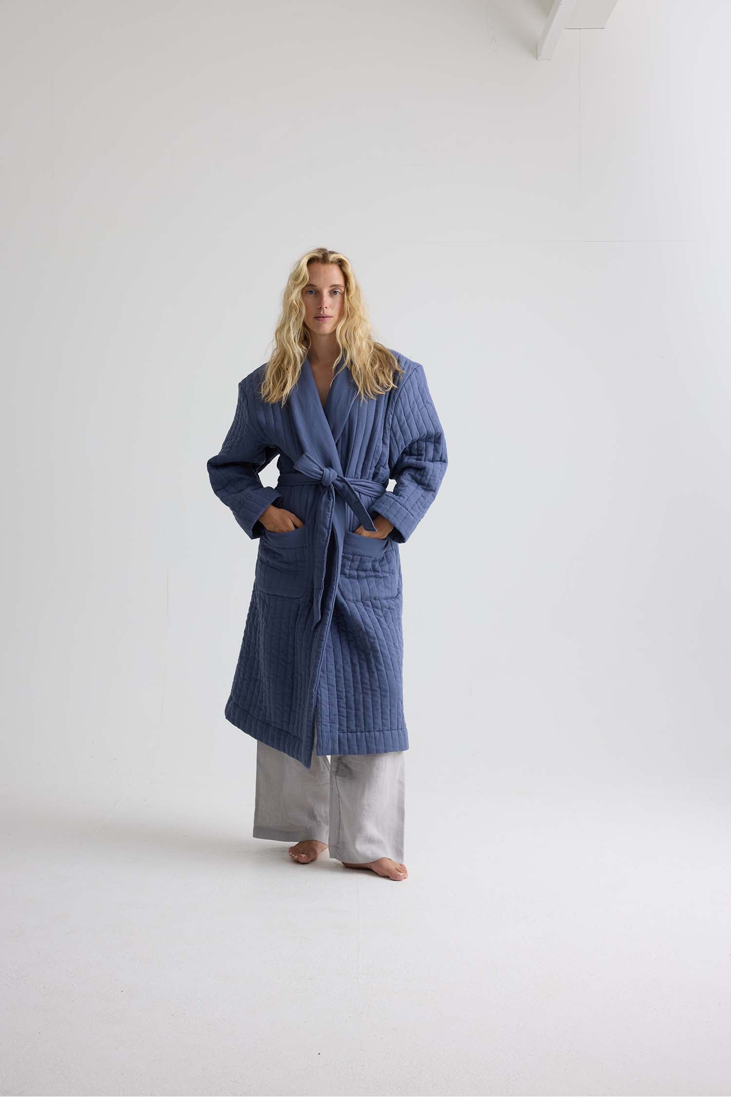 Quilted Cotton Robe In Folkestone Grey