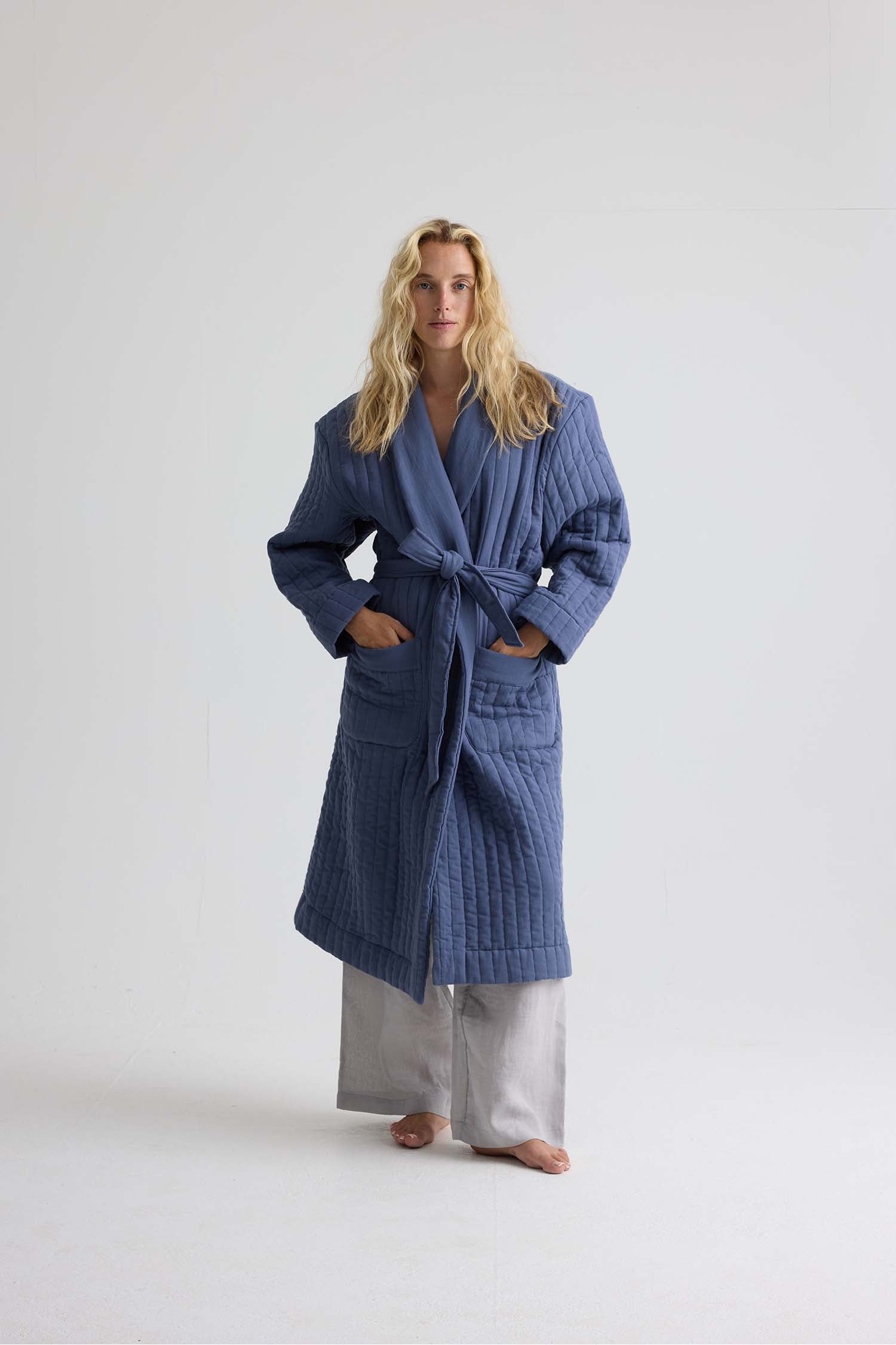 Quilted Cotton Robe In Folkestone Grey