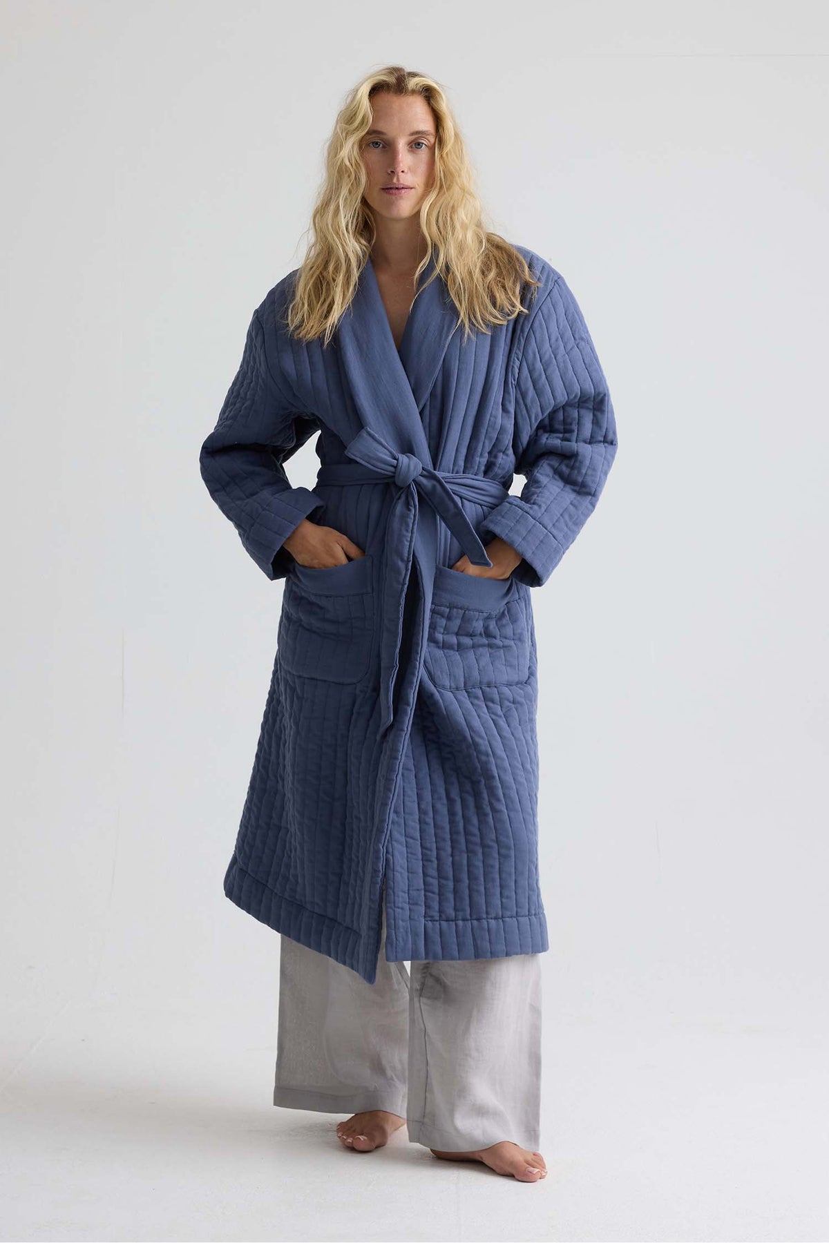 Quilted Cotton Robe In Folkestone Grey