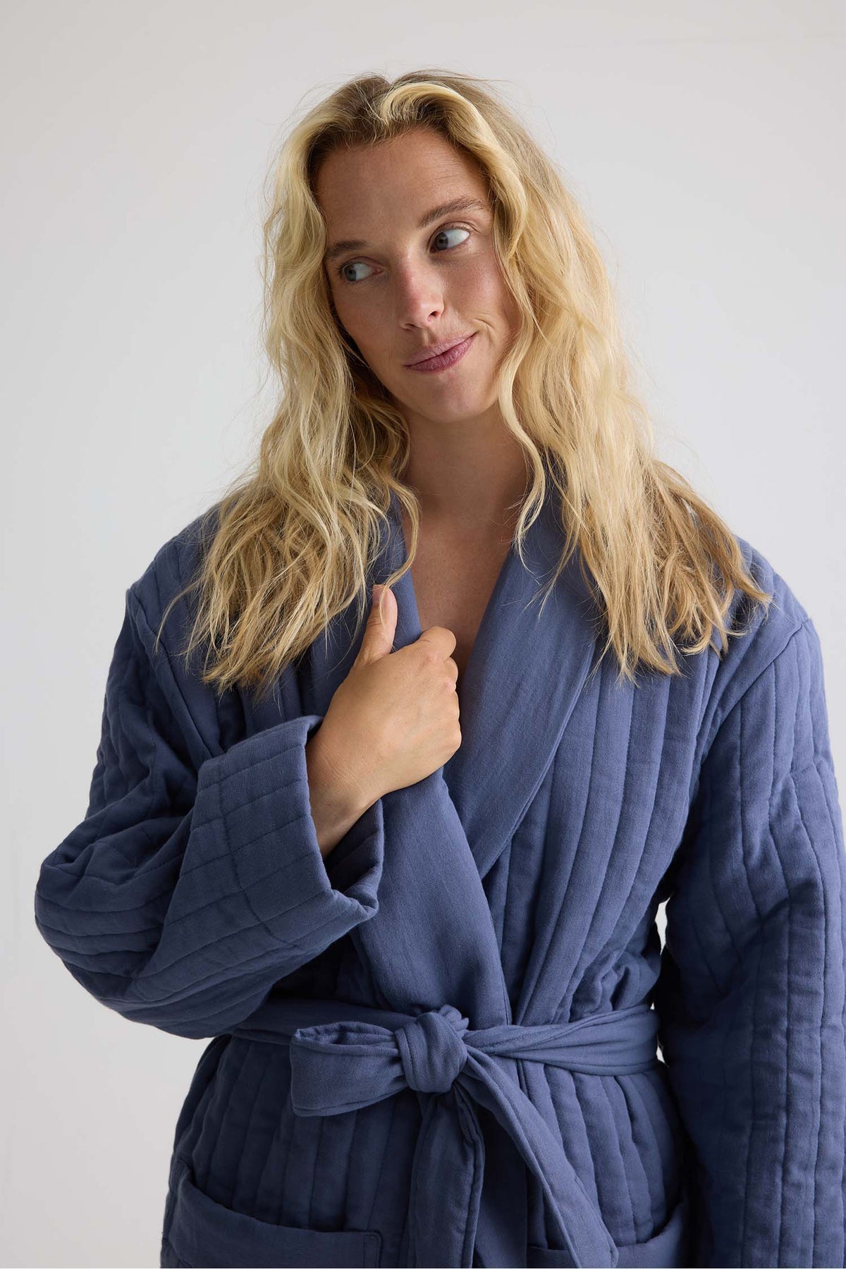 Quilted Cotton Robe In Folkestone Grey