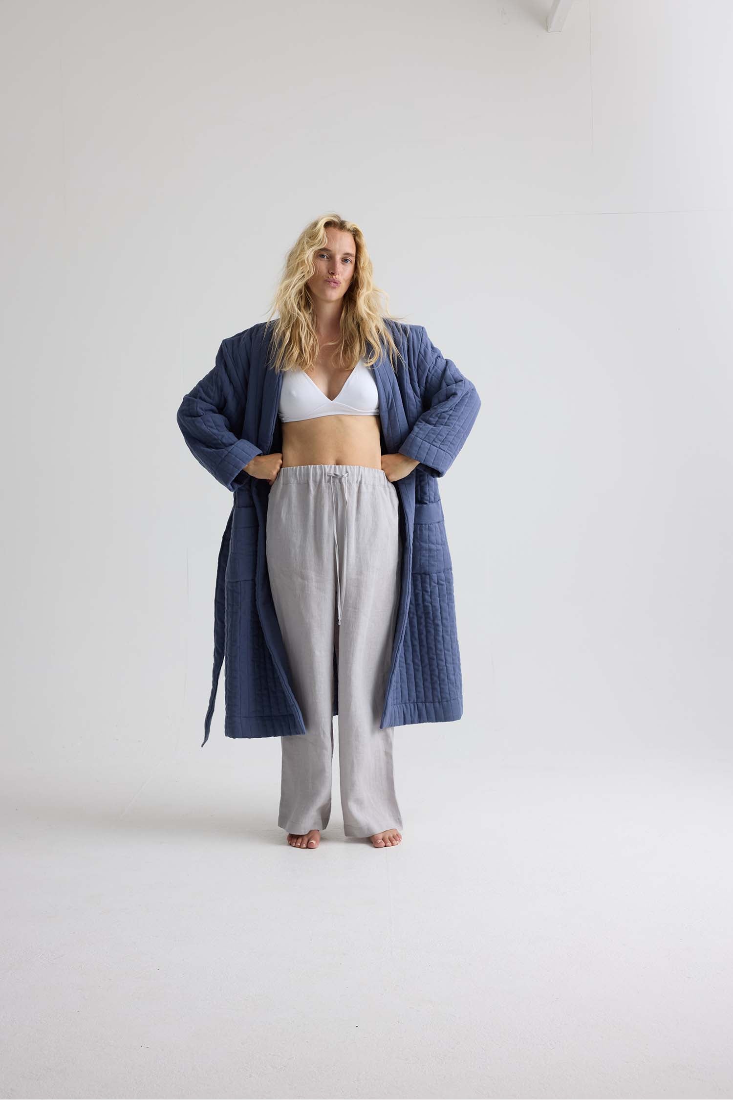 Quilted Cotton Robe In Folkestone Grey
