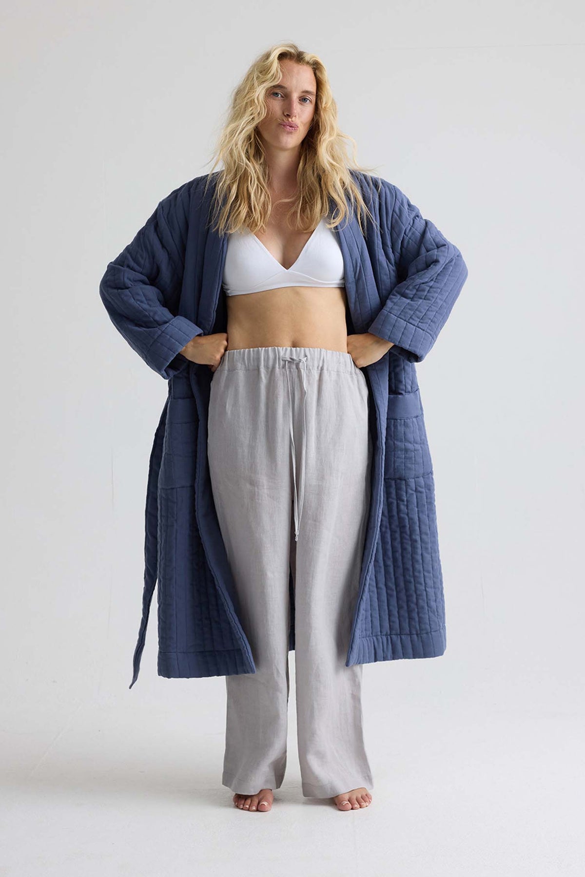 Quilted Cotton Robe In Folkestone Grey