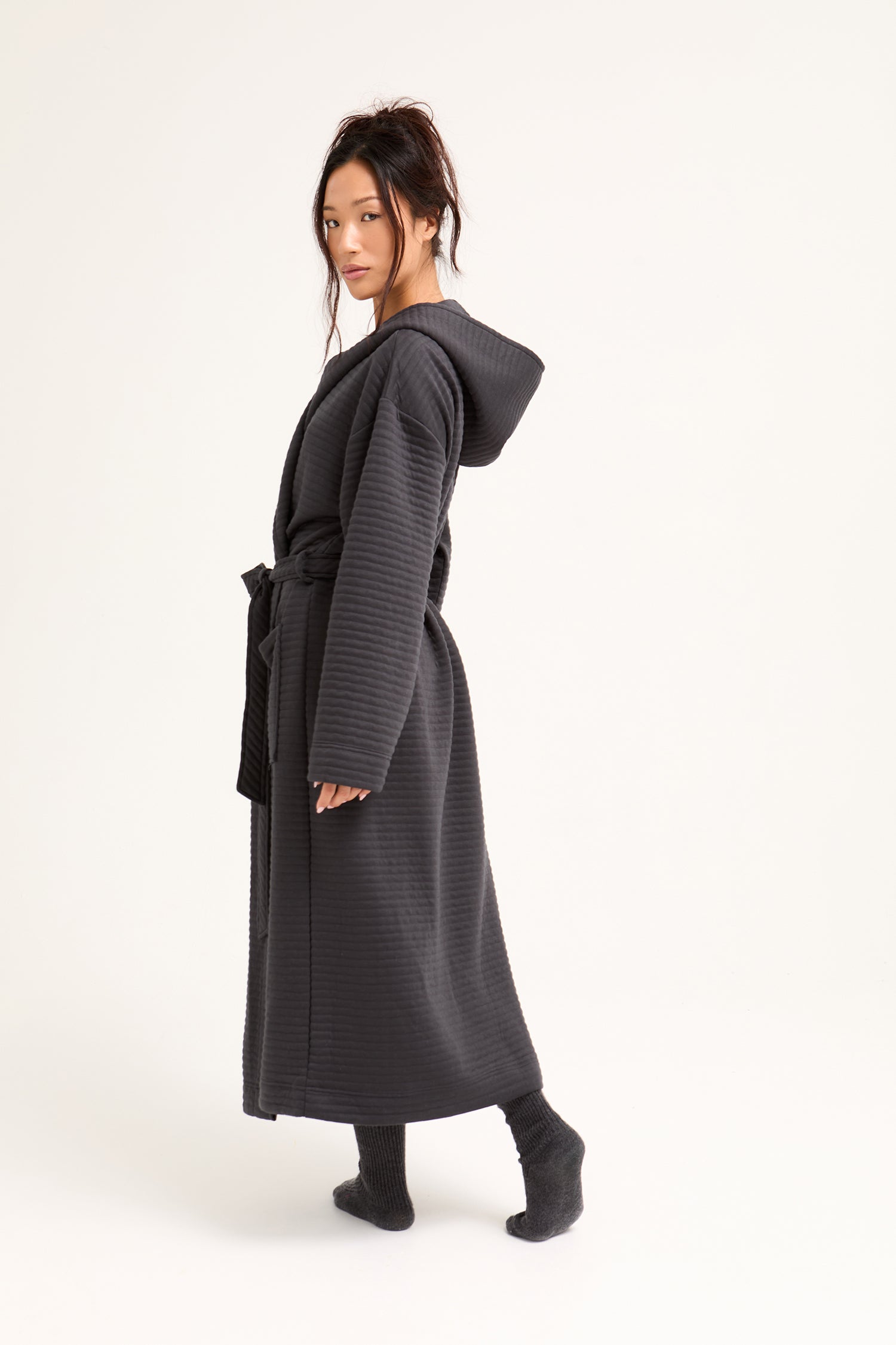 Quilted Jersey Hooded Robe in Charcoal