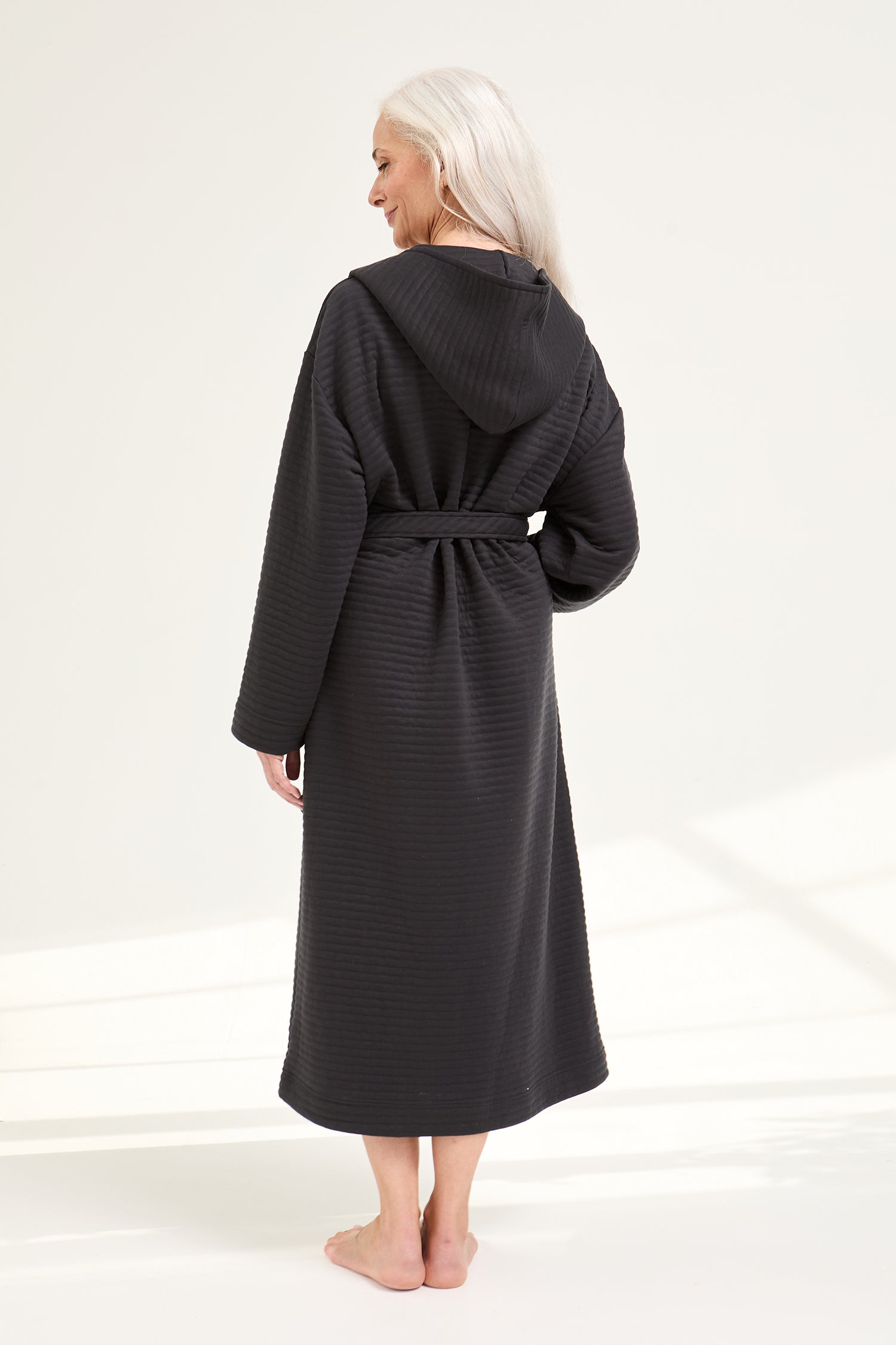 Quilted Jersey Hooded Robe in Charcoal