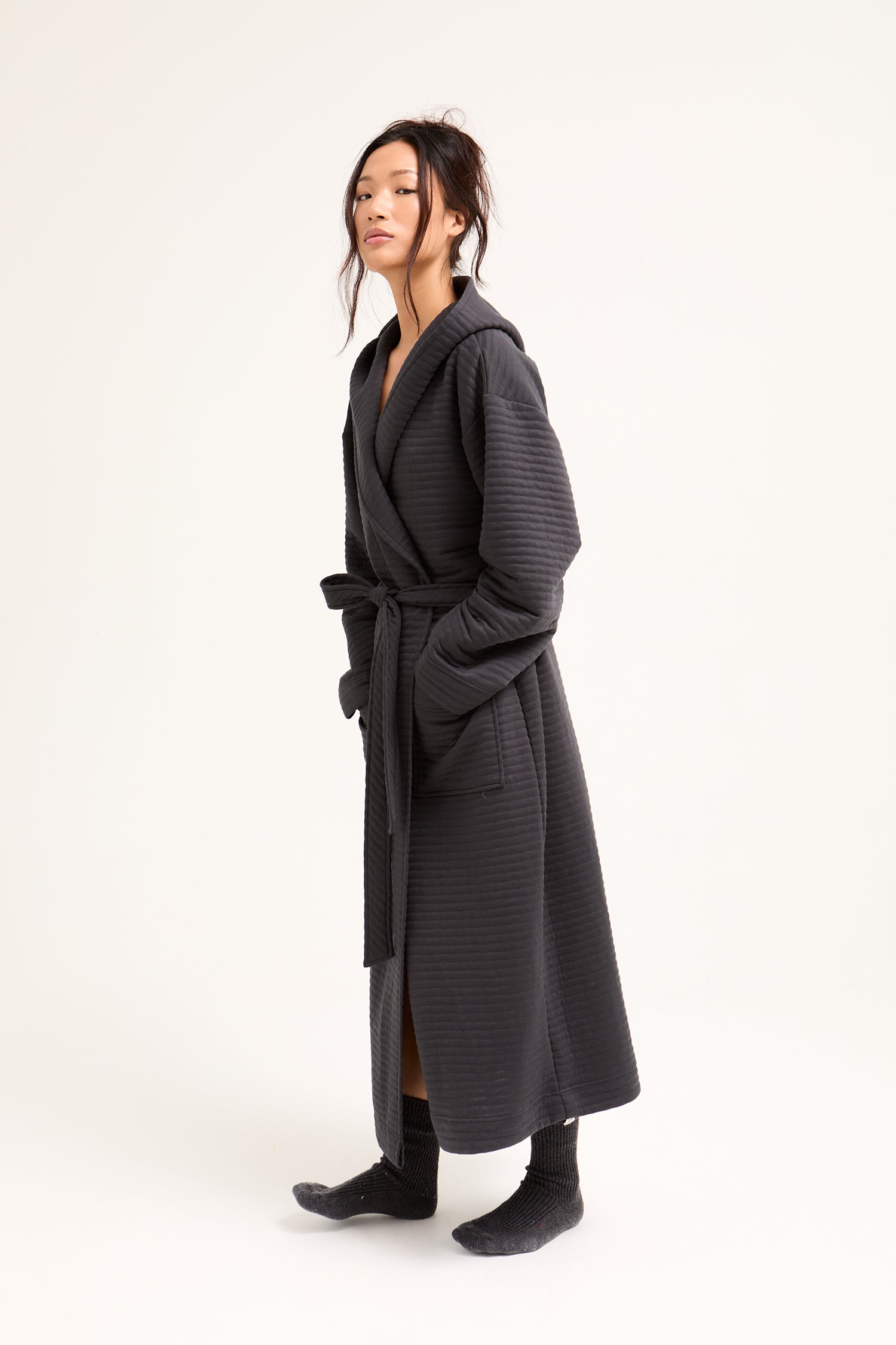 Quilted Jersey Hooded Robe in Charcoal