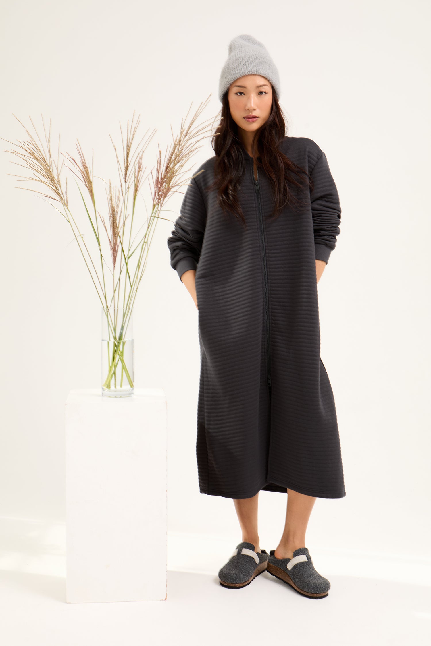 Quilted Jersey Housecoat in Charcoal