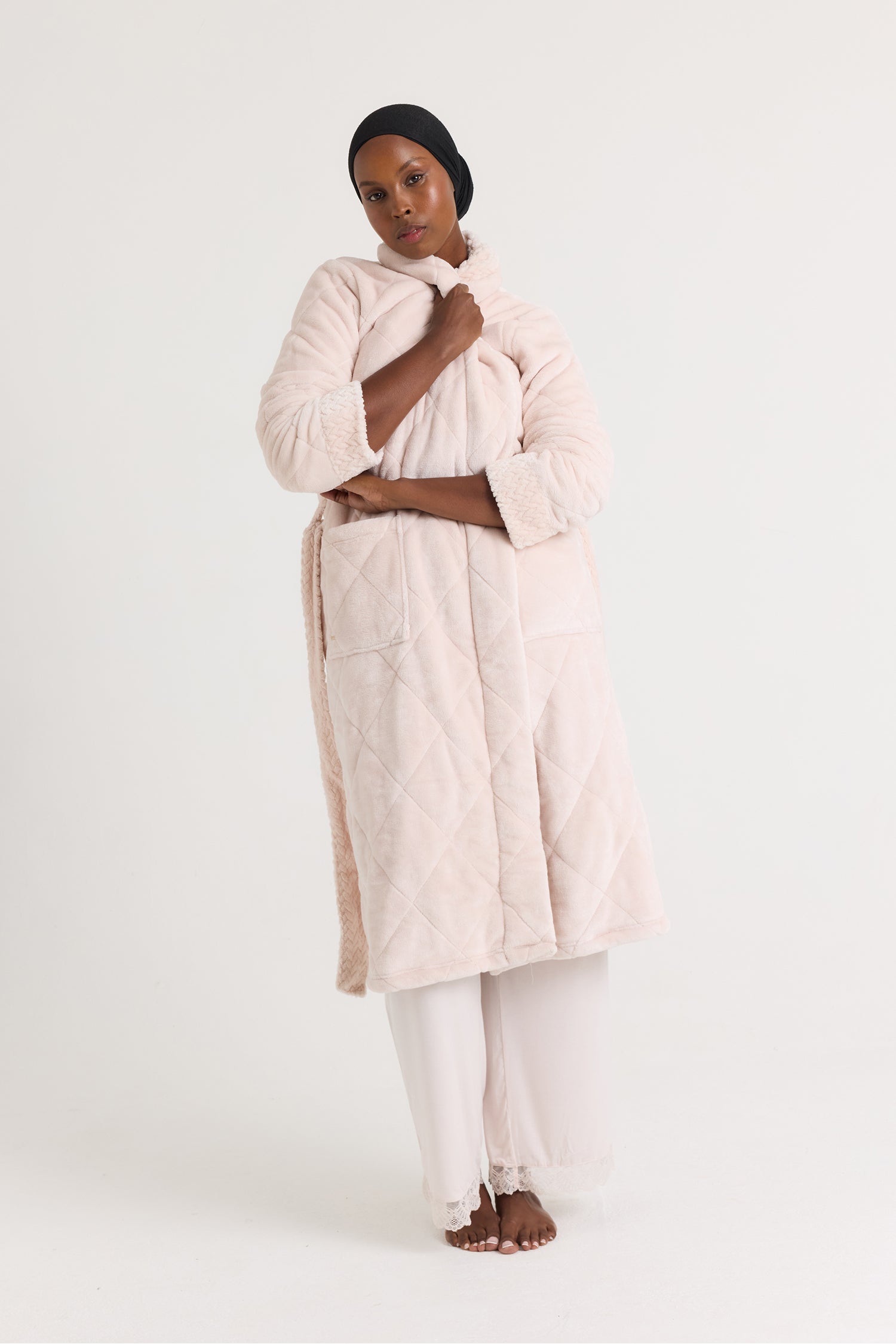 Quilted Velour Dressing Gown in Powder Puff
