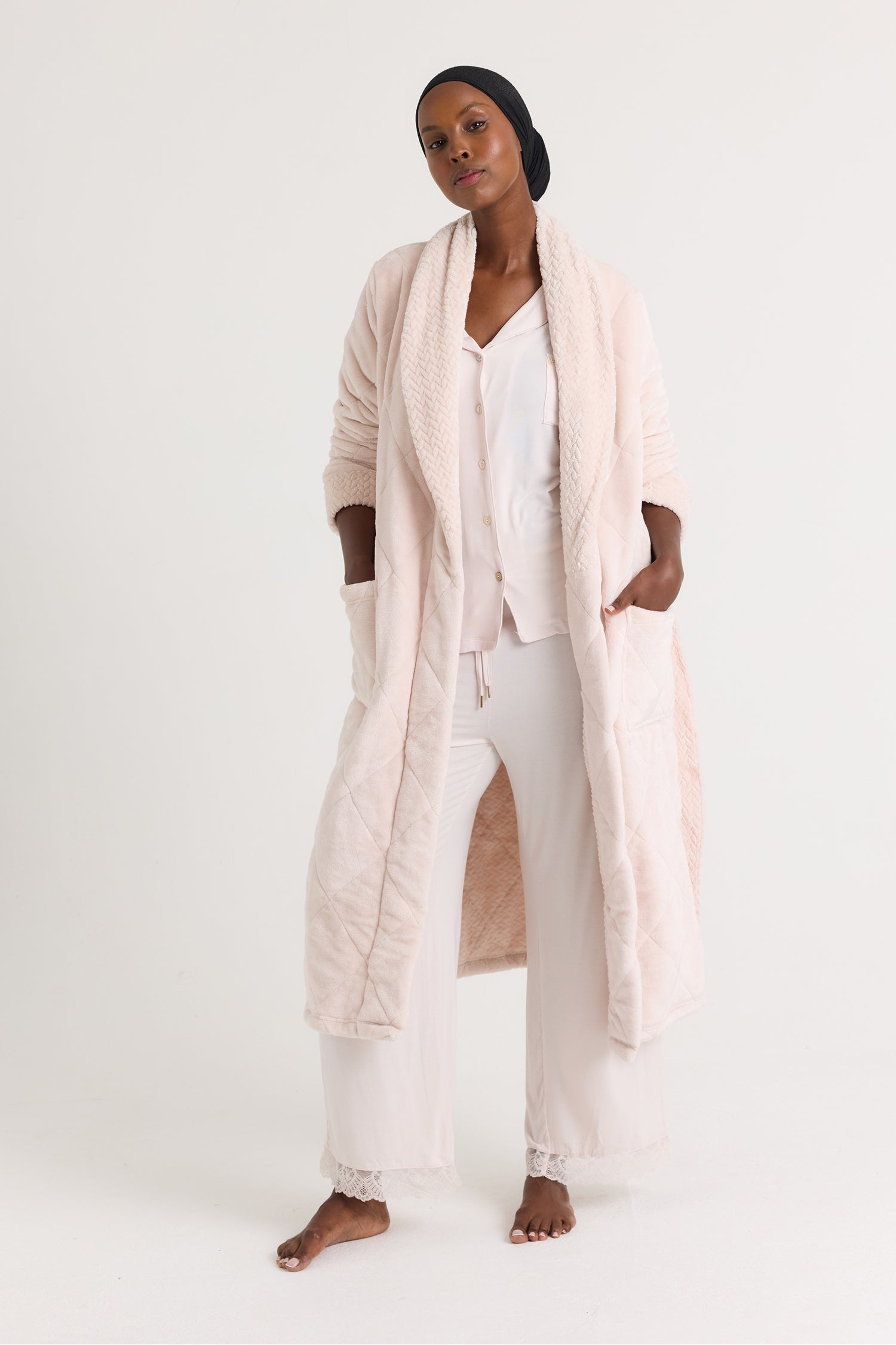 Quilted Velour Dressing Gown in Powder Puff