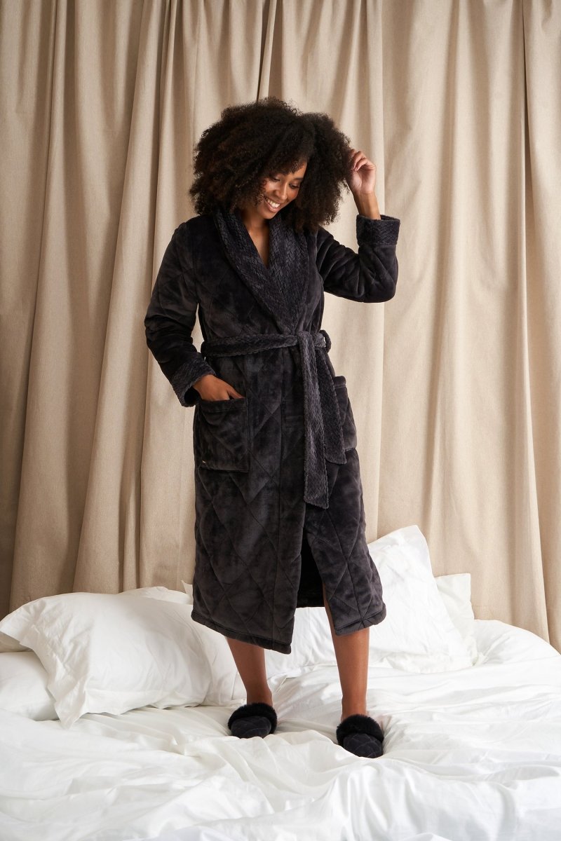 Quilted Velour Robe in Raven | Luxury Dressing Gown for Women | Pretty ...