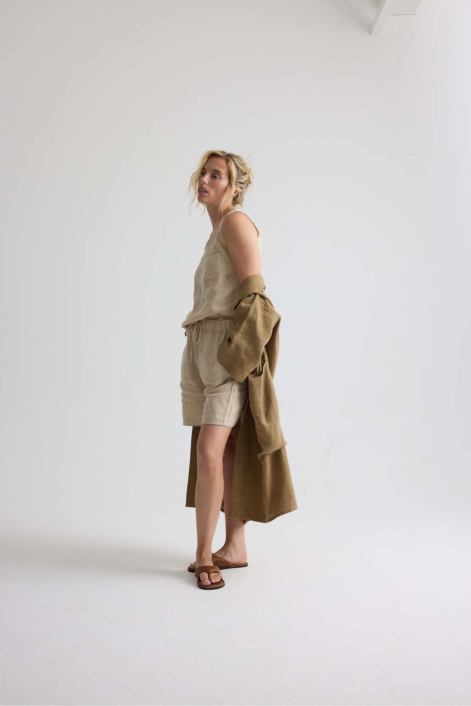 Long Relaxed Linen Jacket In Overland Trek
