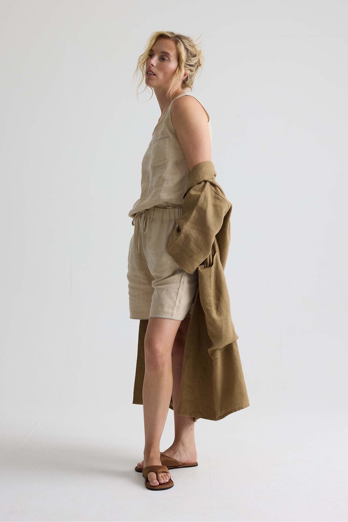 Long Relaxed Linen Robe In Overland Trek