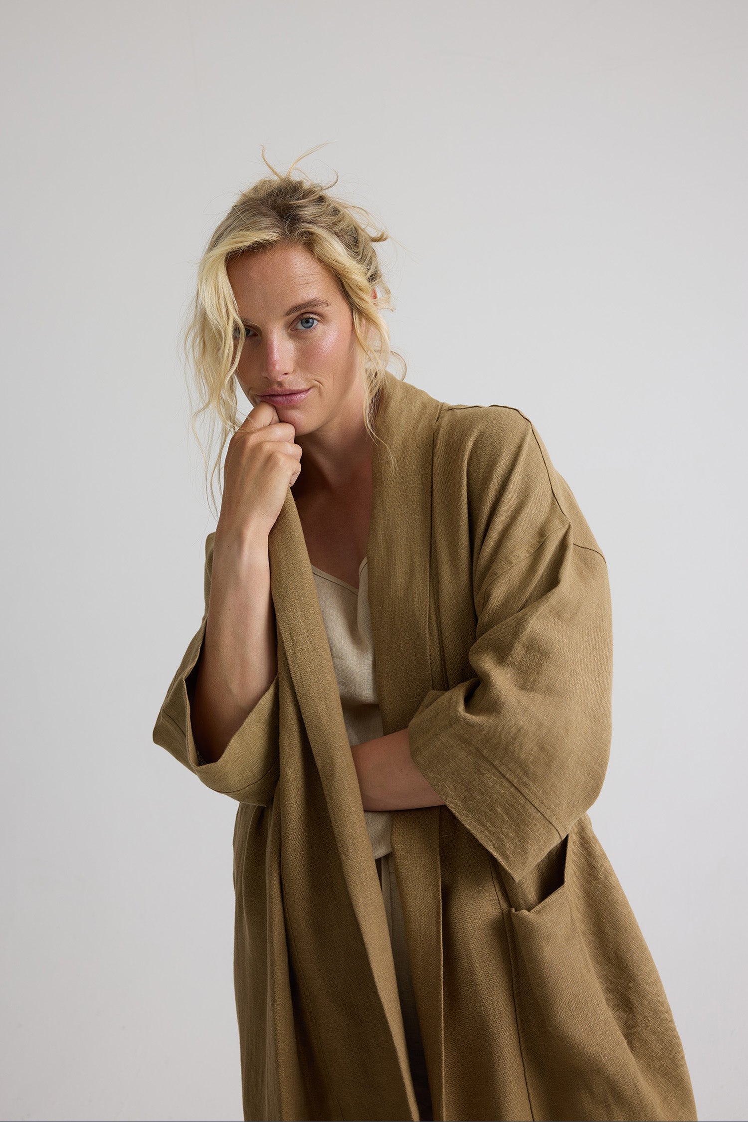 Long Relaxed Linen Jacket In Overland Trek