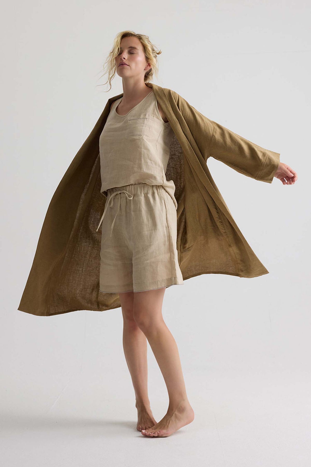 Long Relaxed Linen Robe In Overland Trek