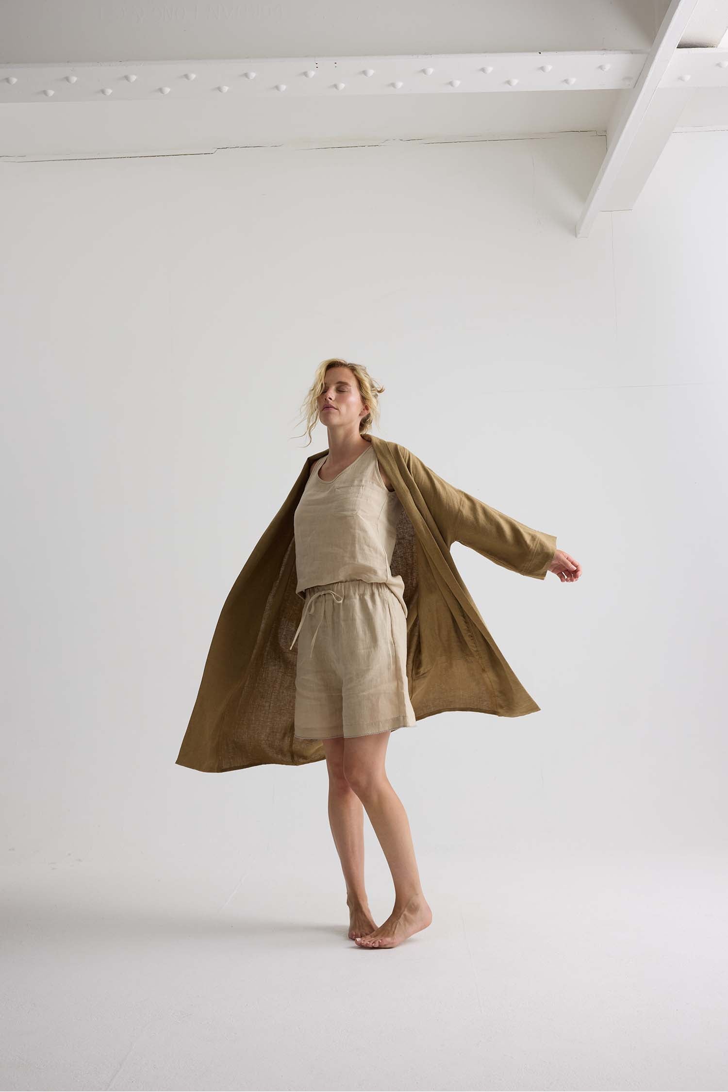 Long Relaxed Linen Jacket In Overland Trek