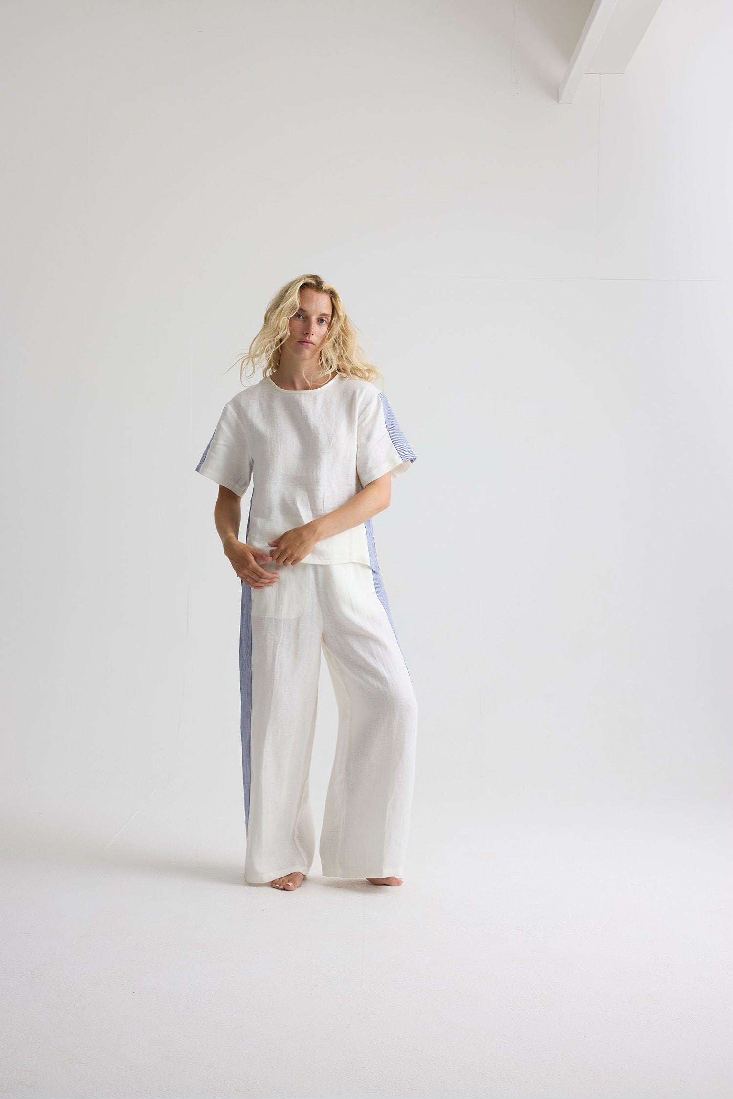 Relaxed Striped Linen Resort Set In Coconut Milk