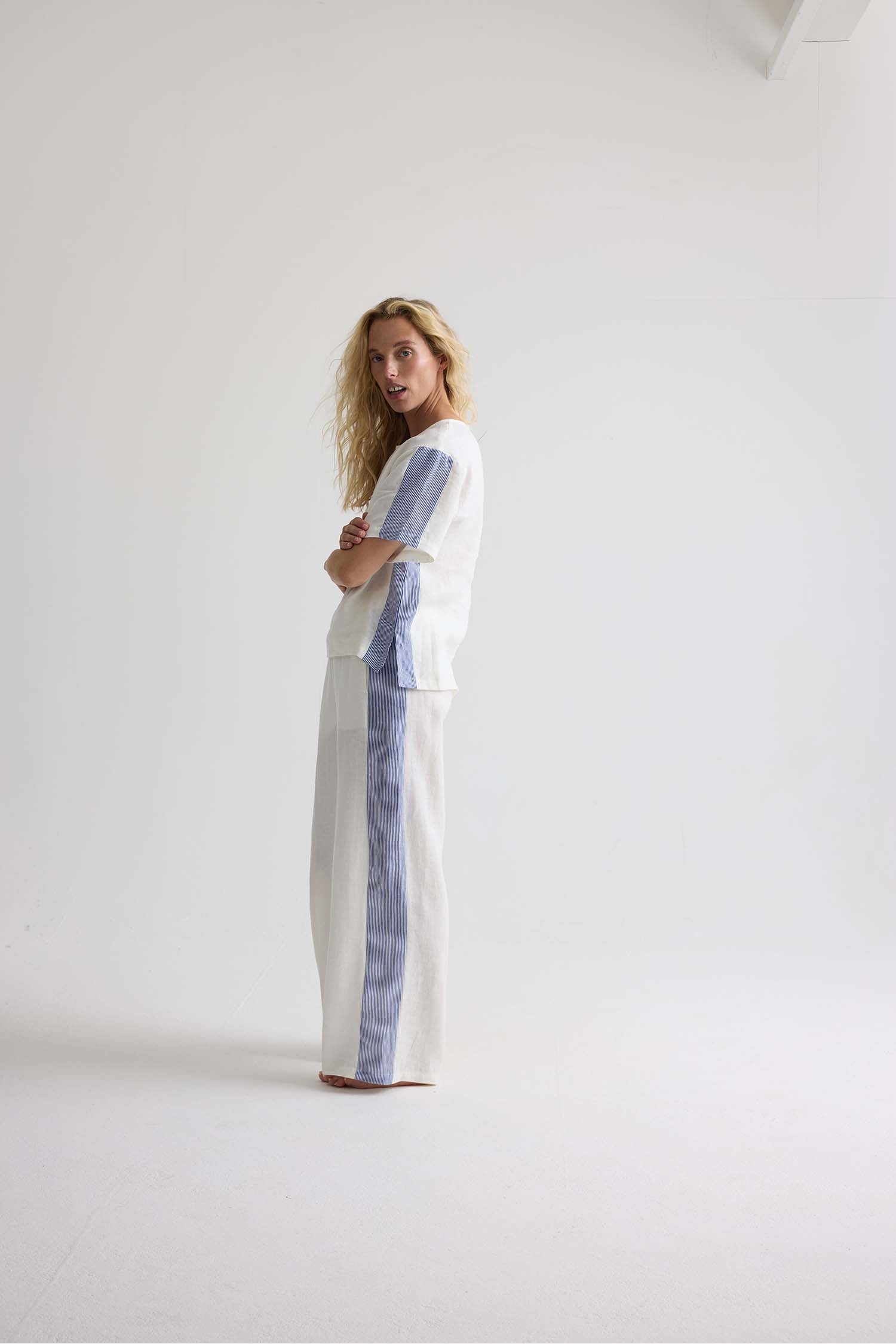 Relaxed Striped Linen Resort Set In Coconut Milk