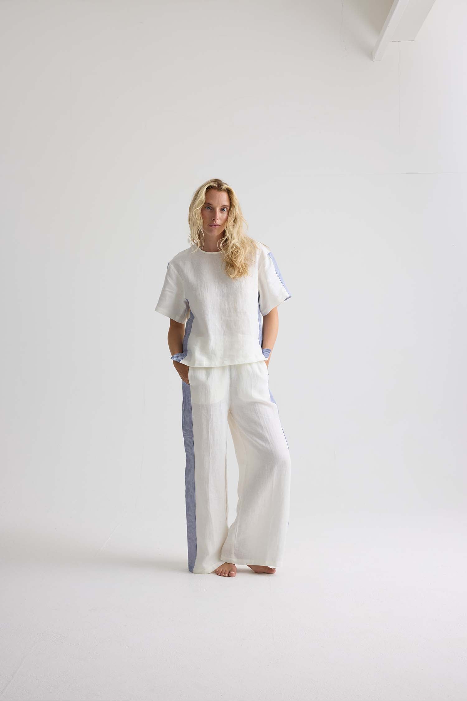 Relaxed Striped Linen Resort Set In Coconut Milk