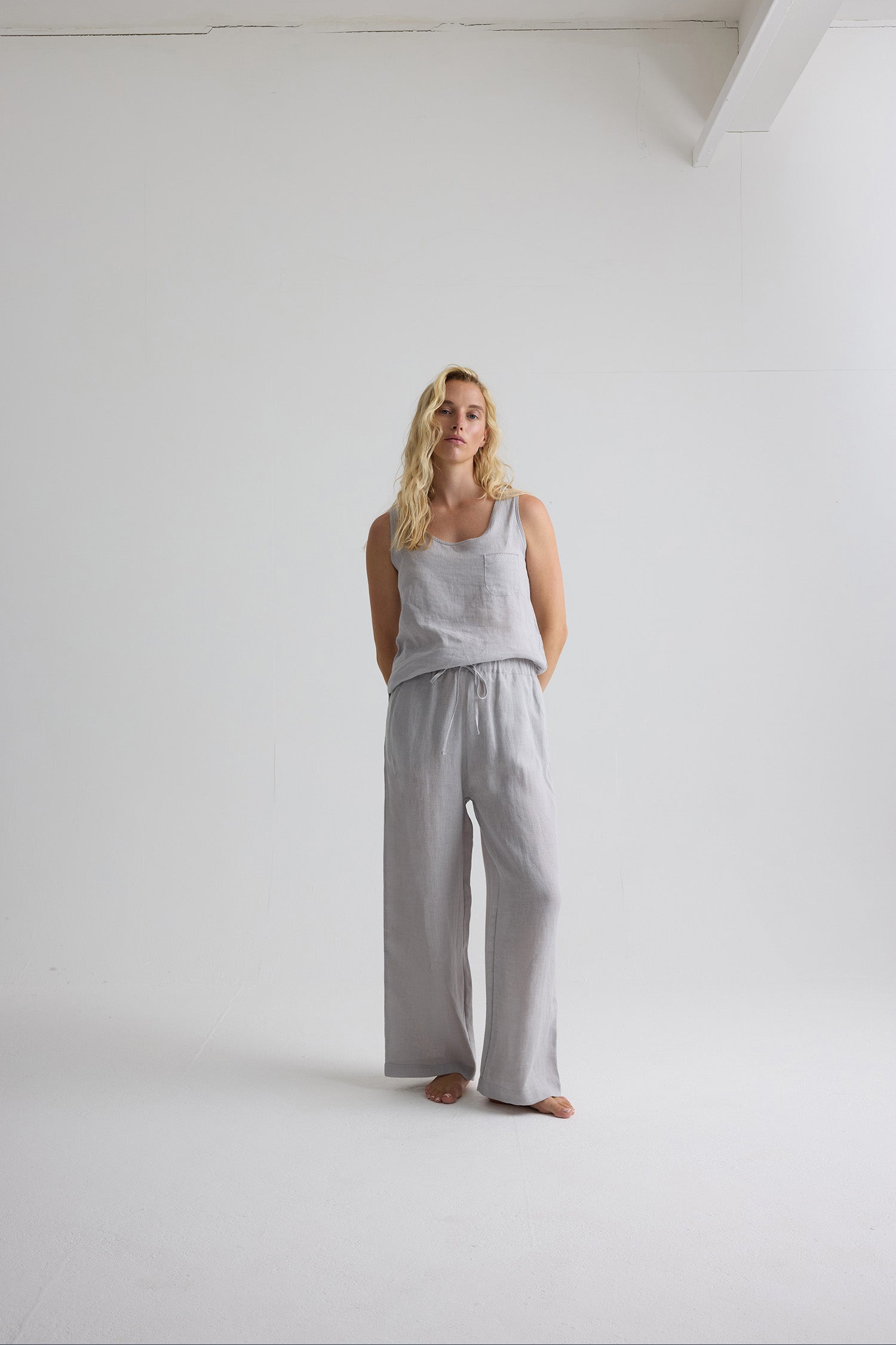 Relaxed Linen Wide Leg Trousers In Harbor Mist