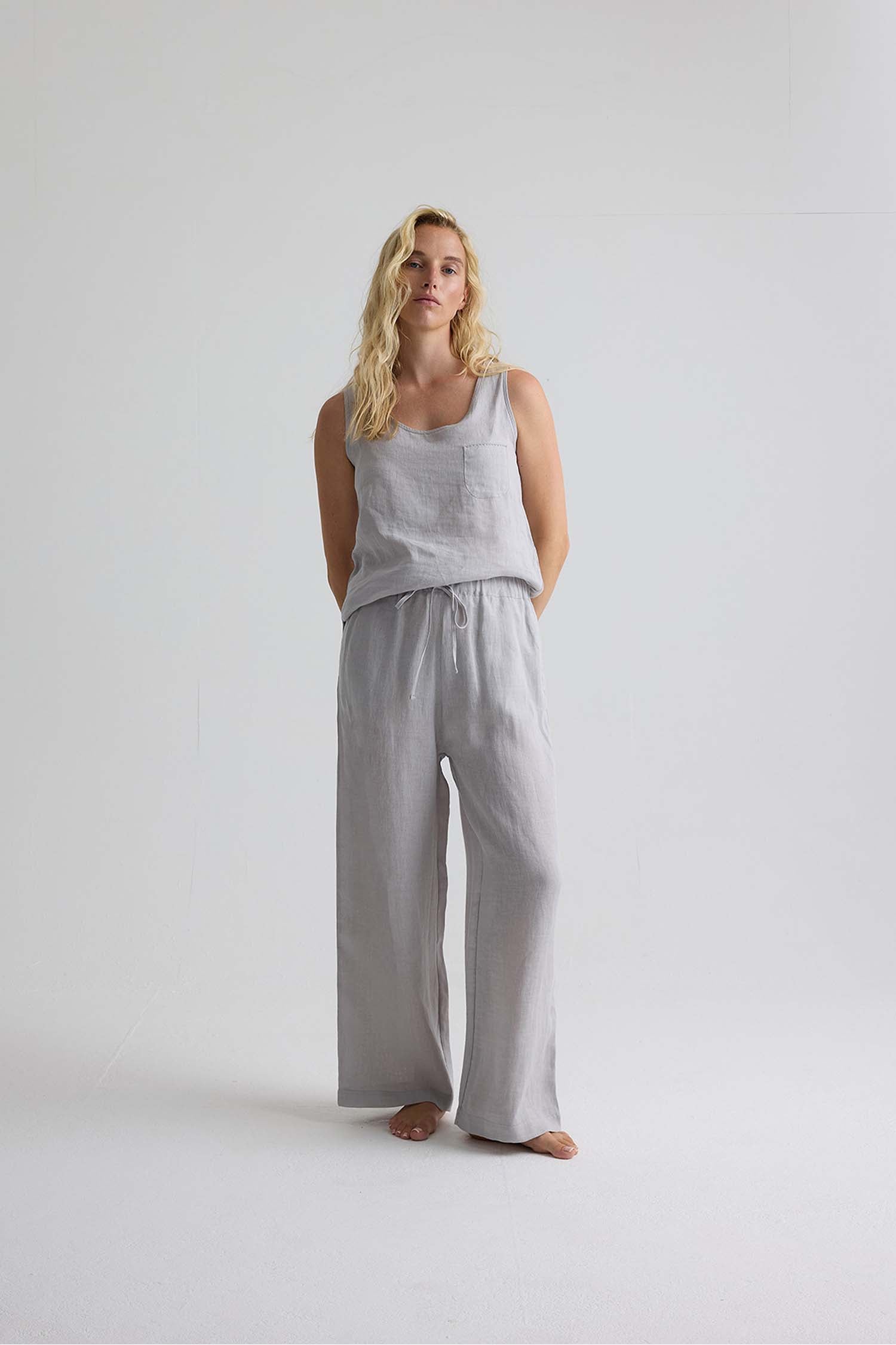 Relaxed Linen Wide Leg Trousers In Harbor Mist