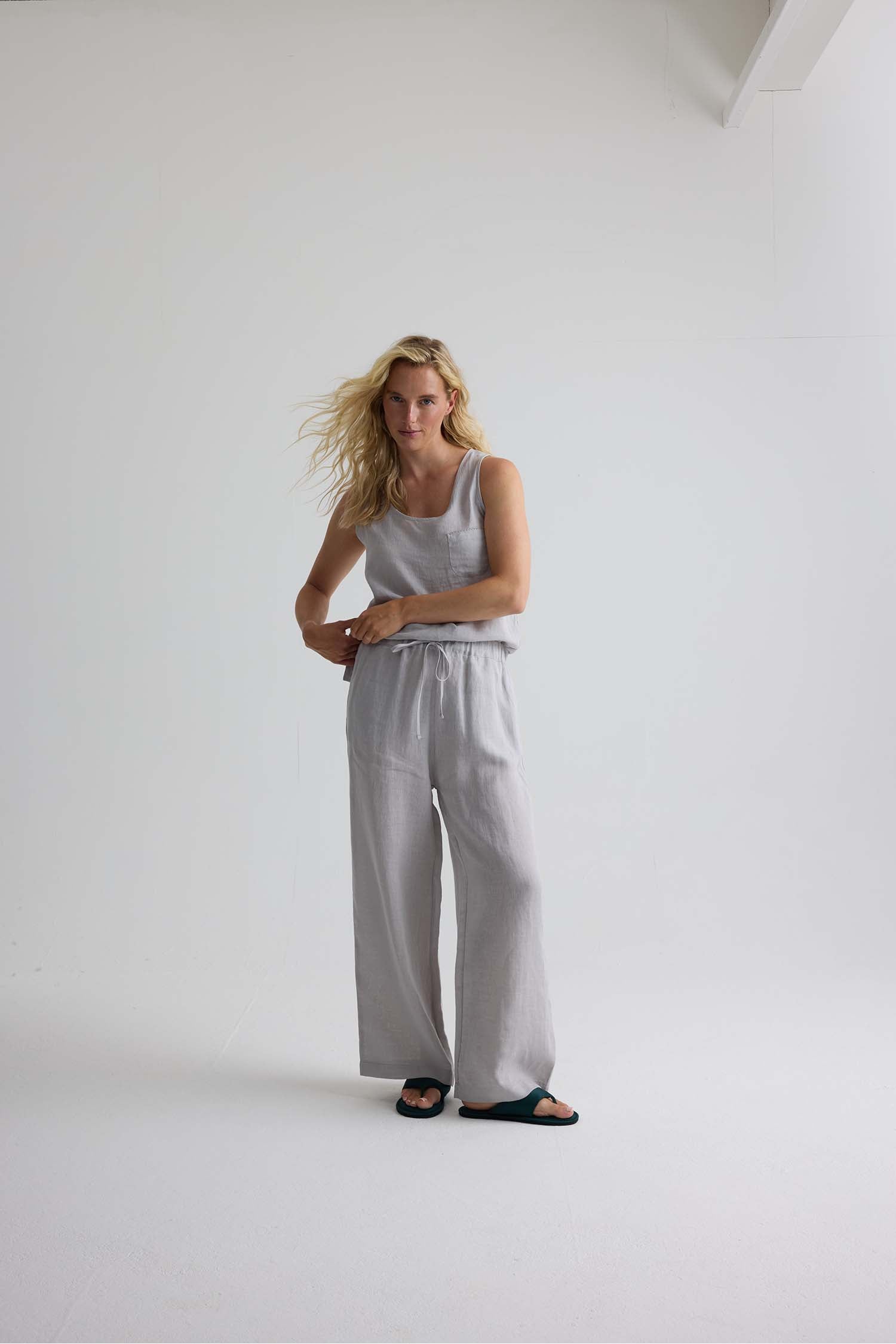 Relaxed Linen Wide Leg Trousers In Harbor Mist
