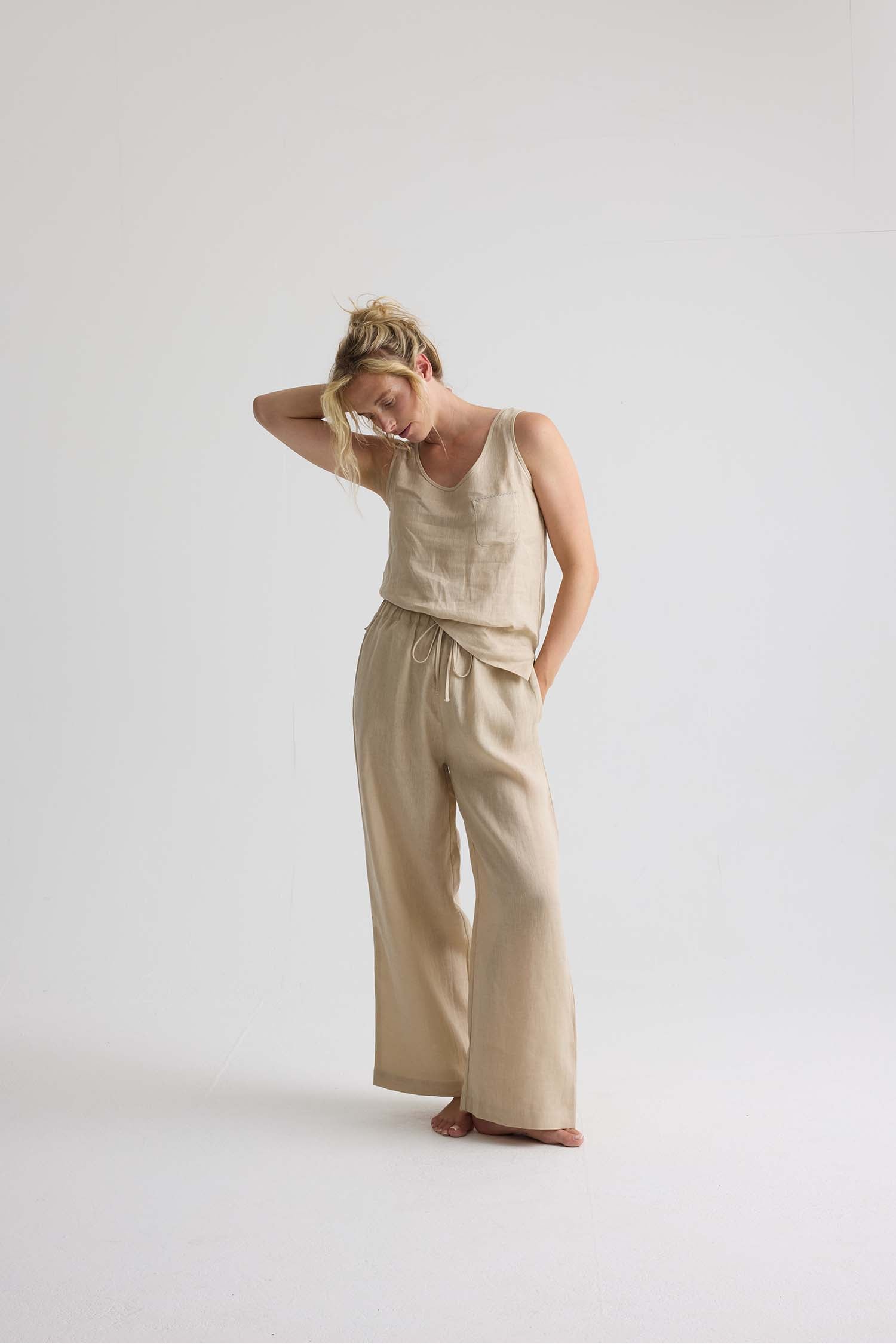 Relaxed Linen Wide Leg Trousers In Summer Sand