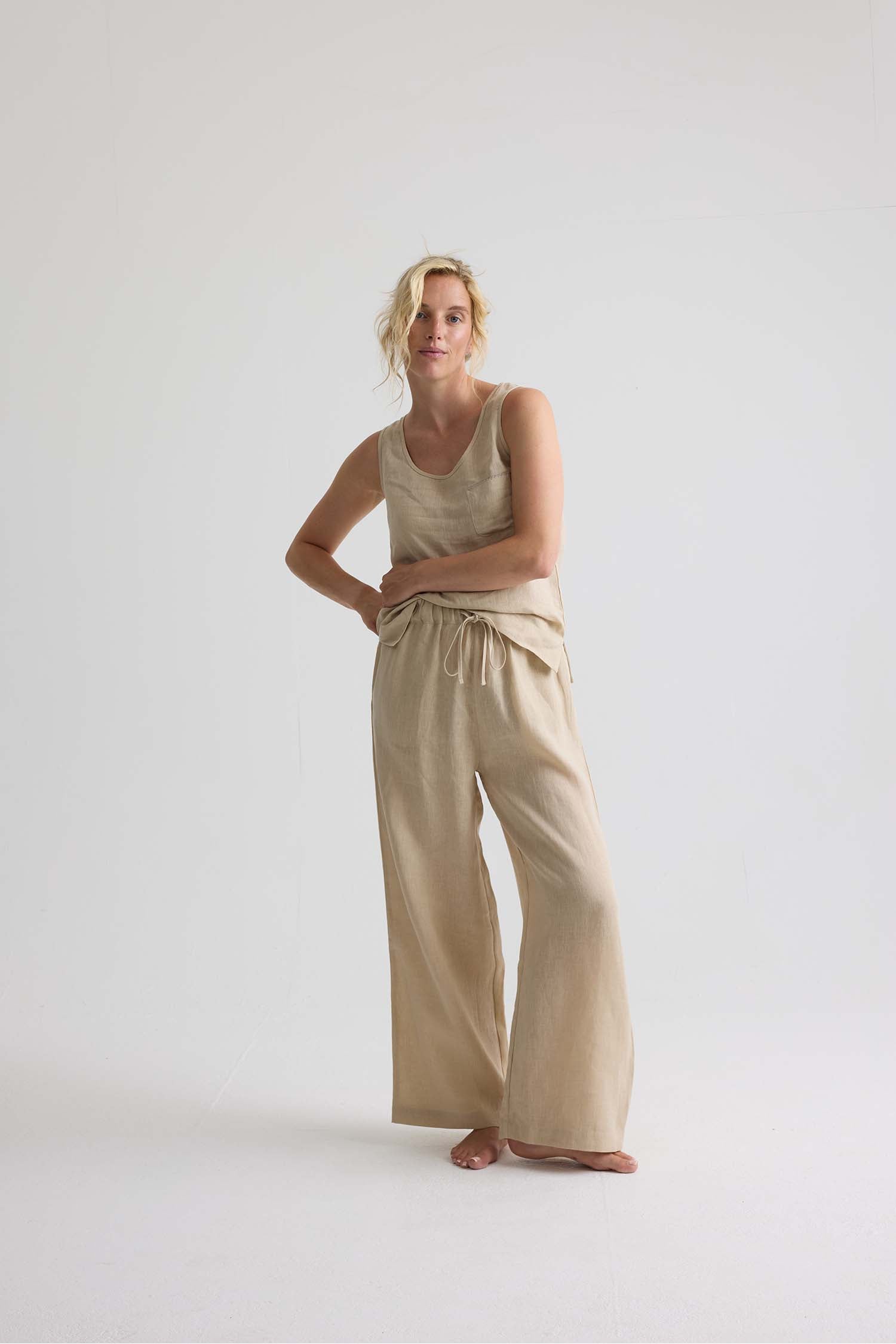 Relaxed Linen Wide Leg Trousers In Summer Sand