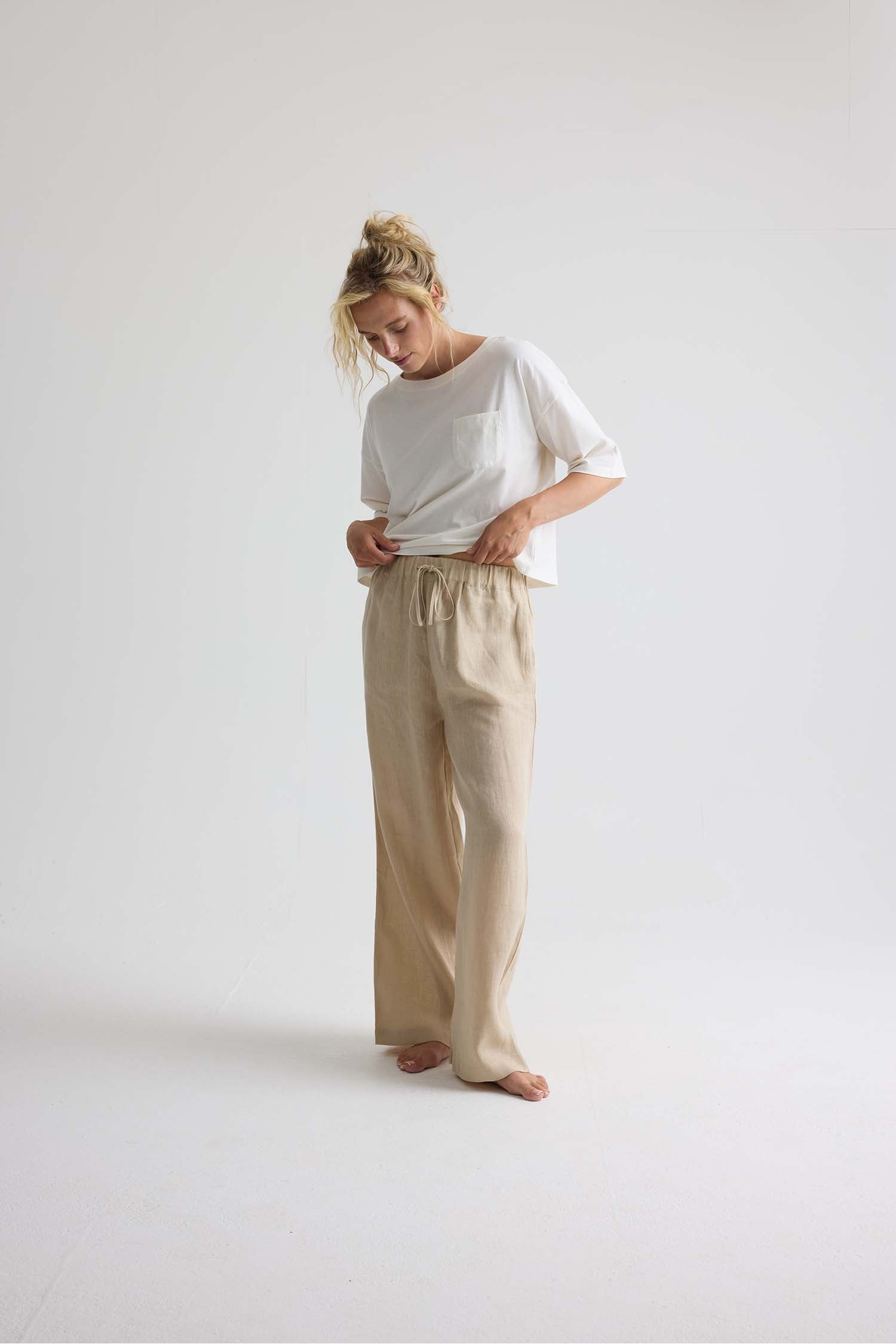 Relaxed Linen Wide Leg Trousers In Summer Sand