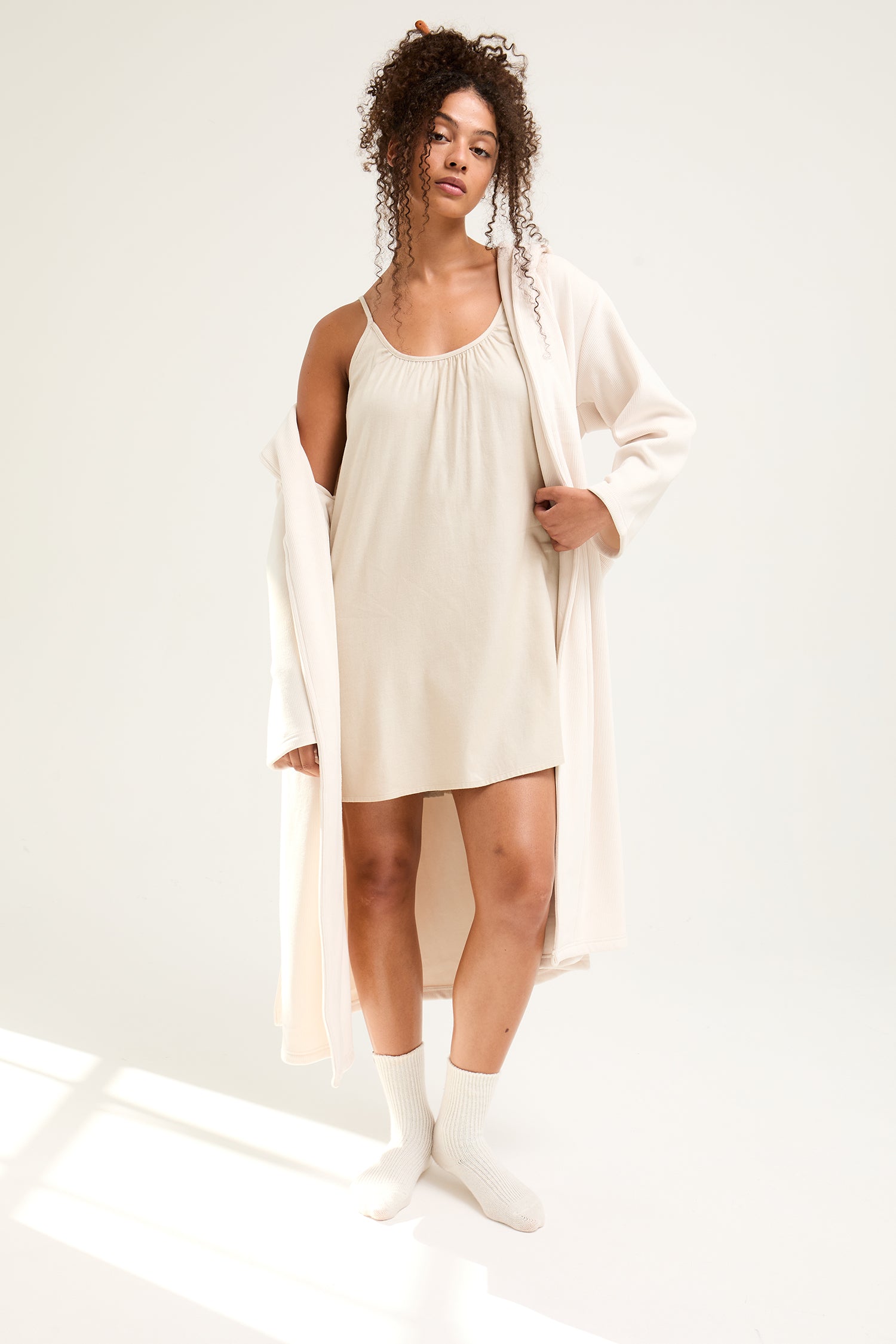 Ribbed Hooded Robe in Cream