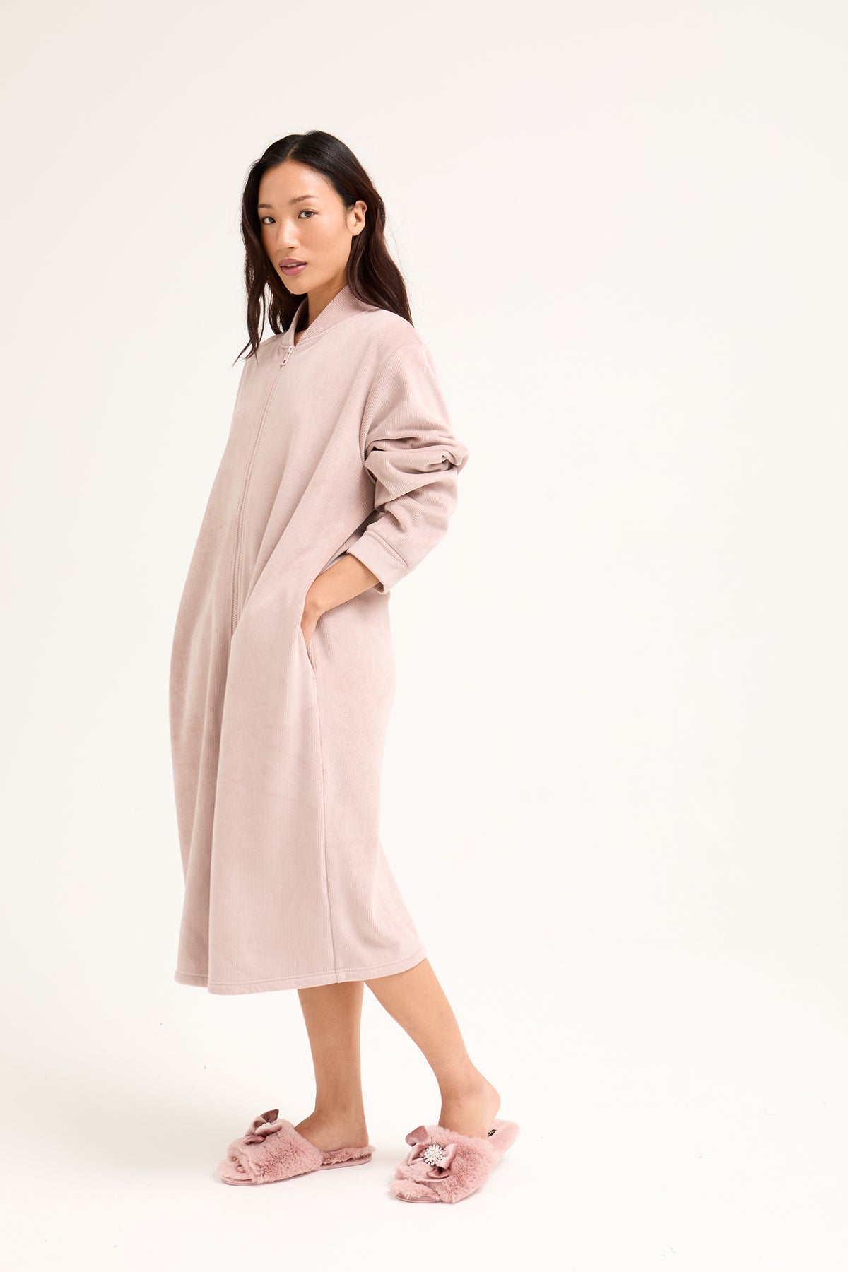 Ribbed Zip Front Housecoat - Women's Soft Zip Housecoat