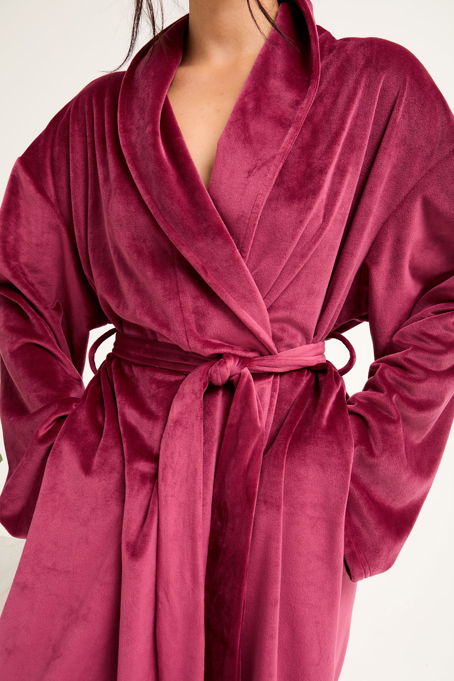 Velour Longline Dressing Gown in Bordeaux