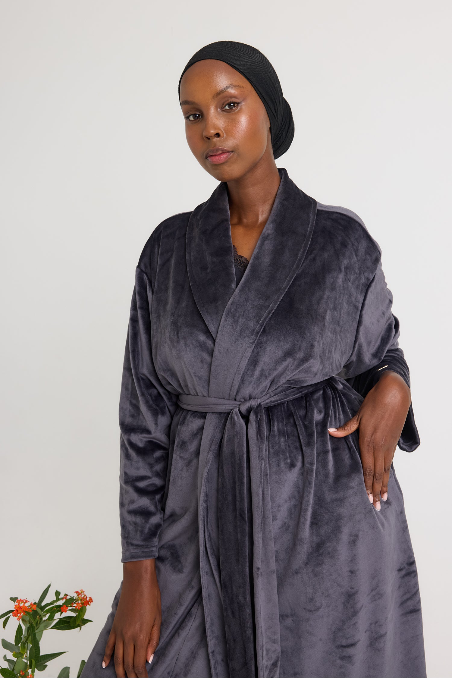 Velour Longline Dressing Gown in Raven