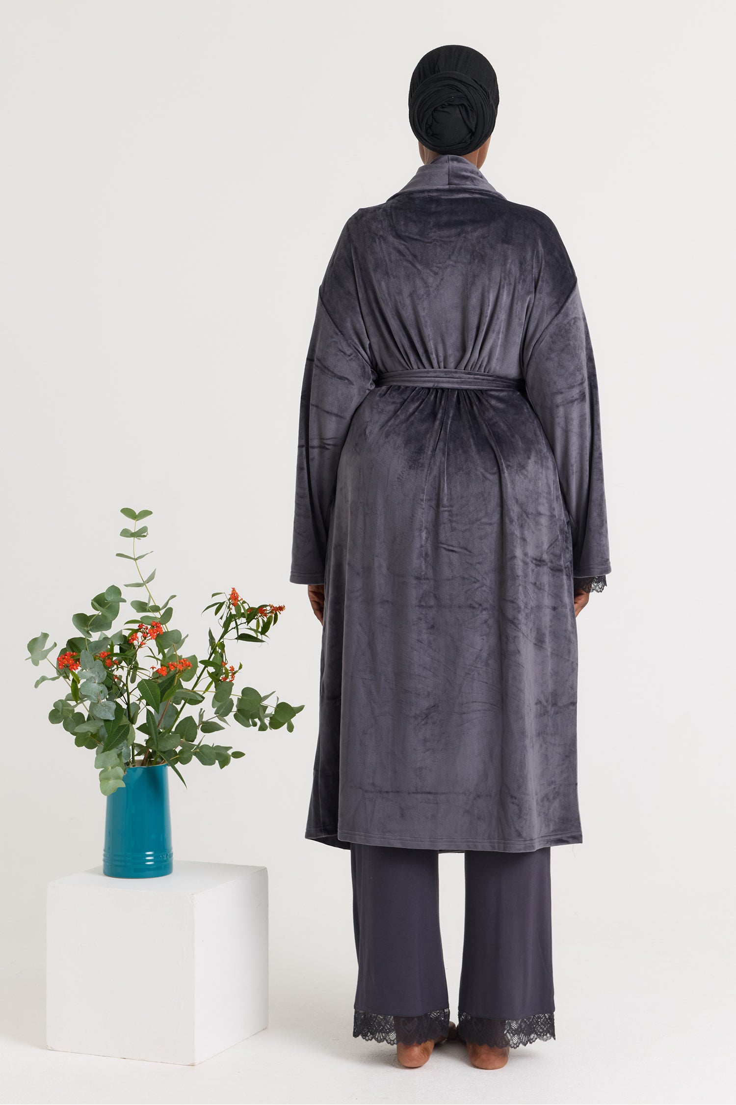 Velour Longline Dressing Gown in Raven