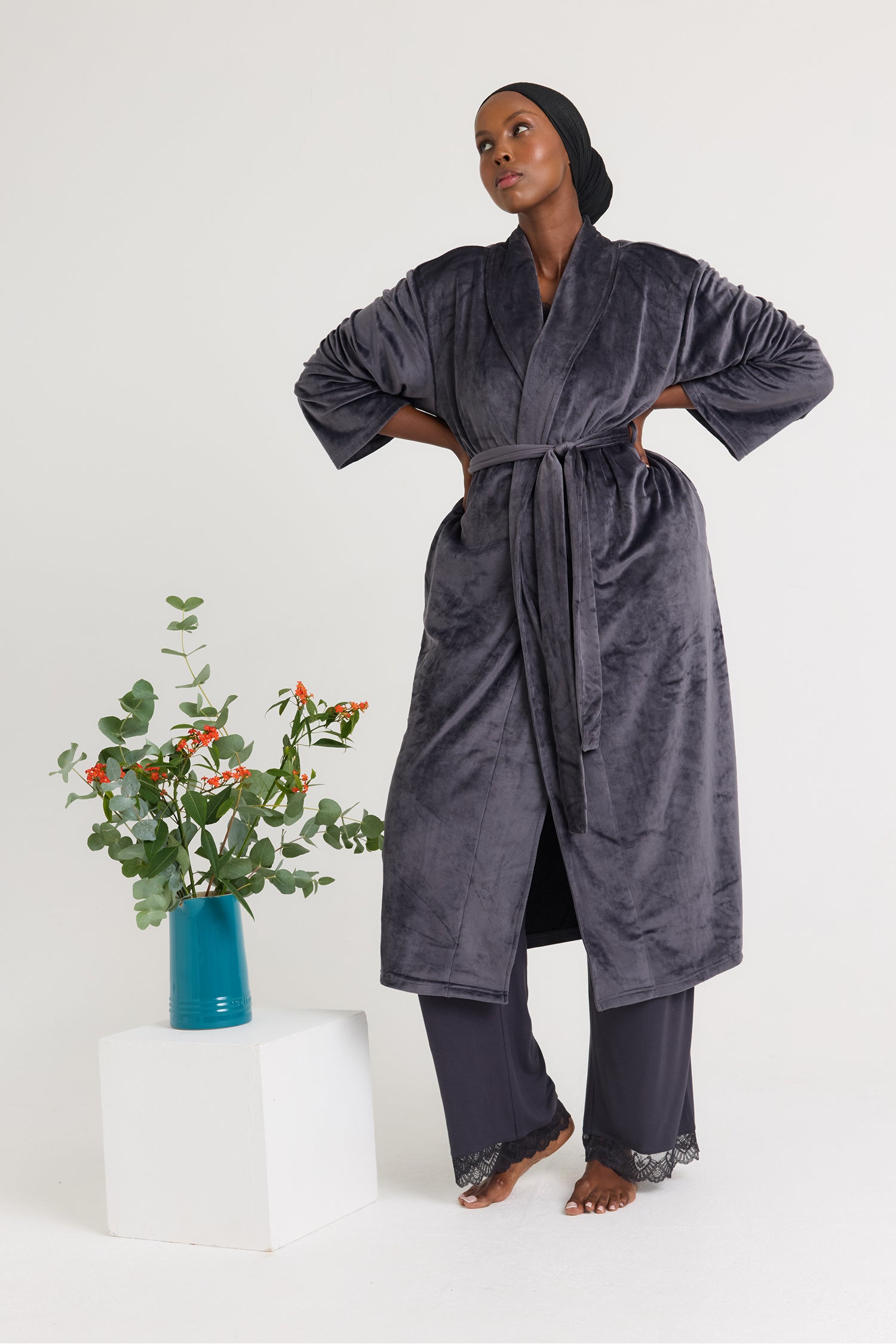 Velour Longline Dressing Gown in Raven